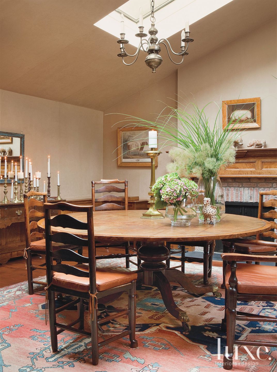 White and Cream Traditional Cottage Style Dining Room with Fireplace