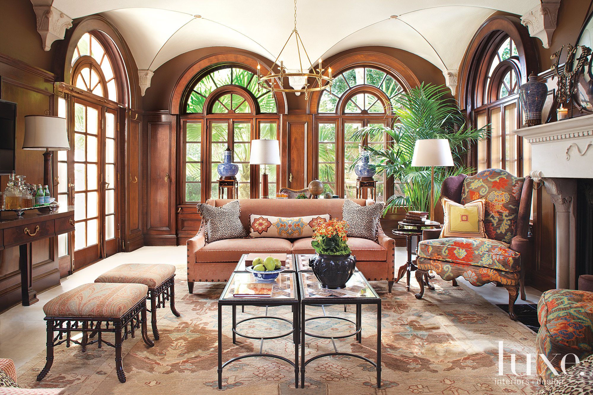 Brown Traditional Living Room with Vaulted Ceilings - Luxe Interiors