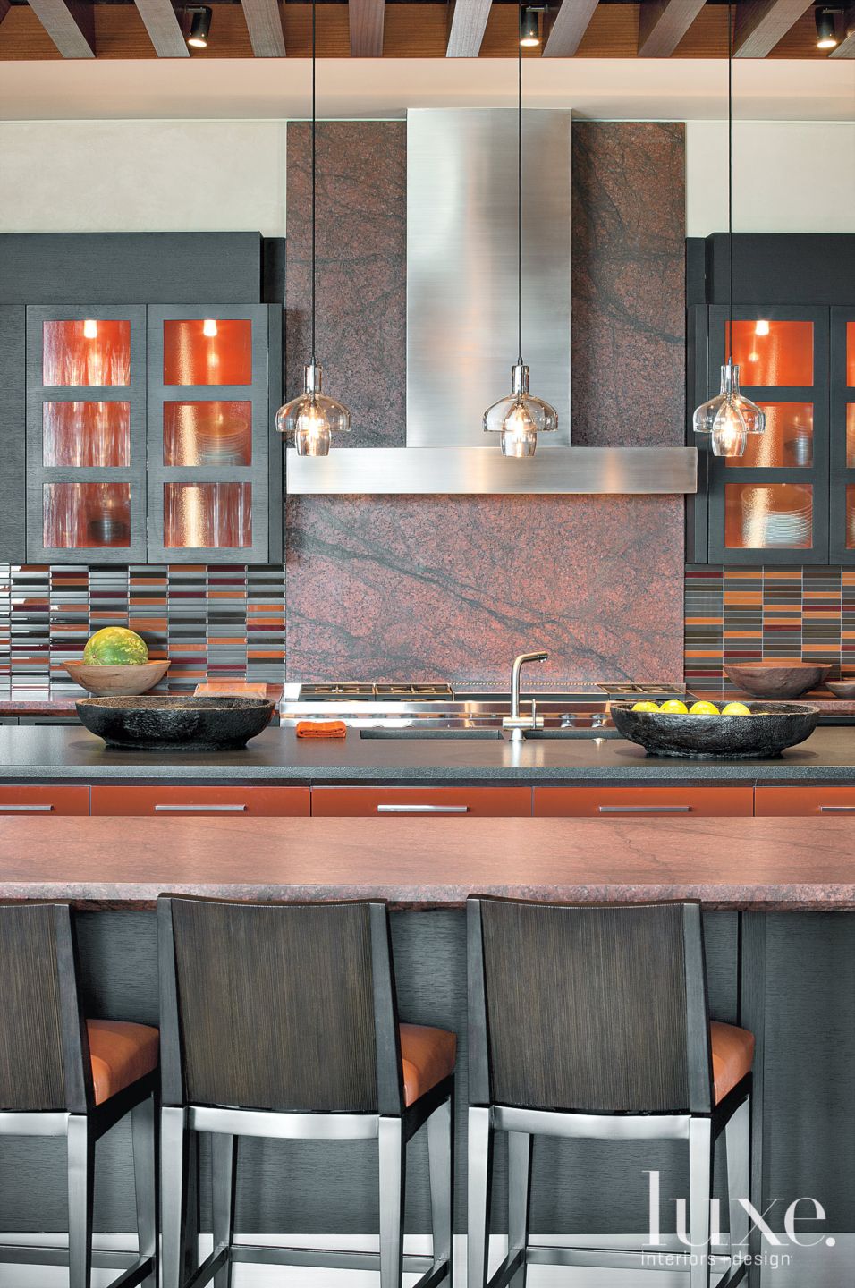 Modern Red Kitchen with Brushed-Granite Countertops | Luxe Interiors