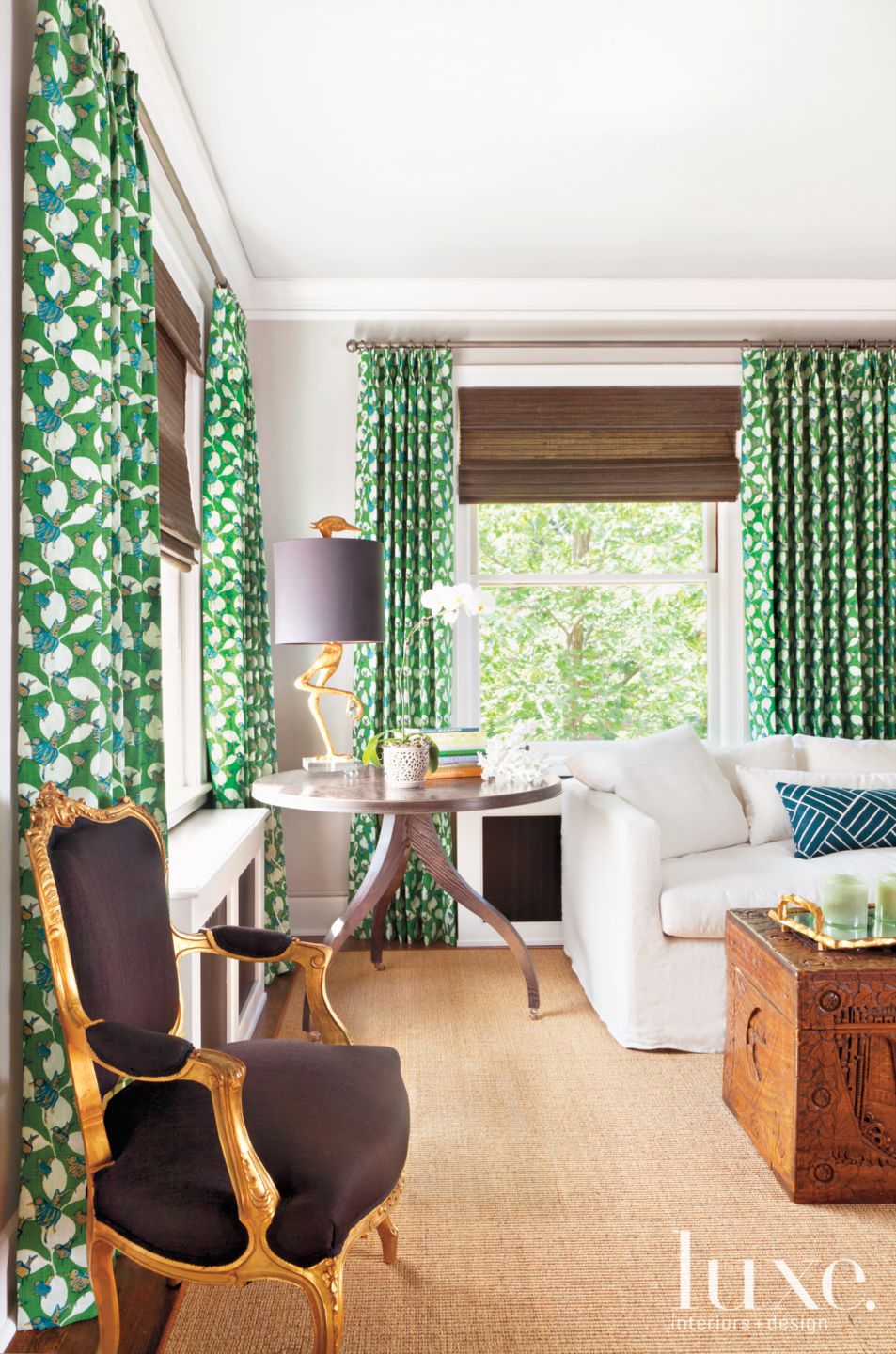 Master bedroom with green curtains - Luxe Interiors + Design