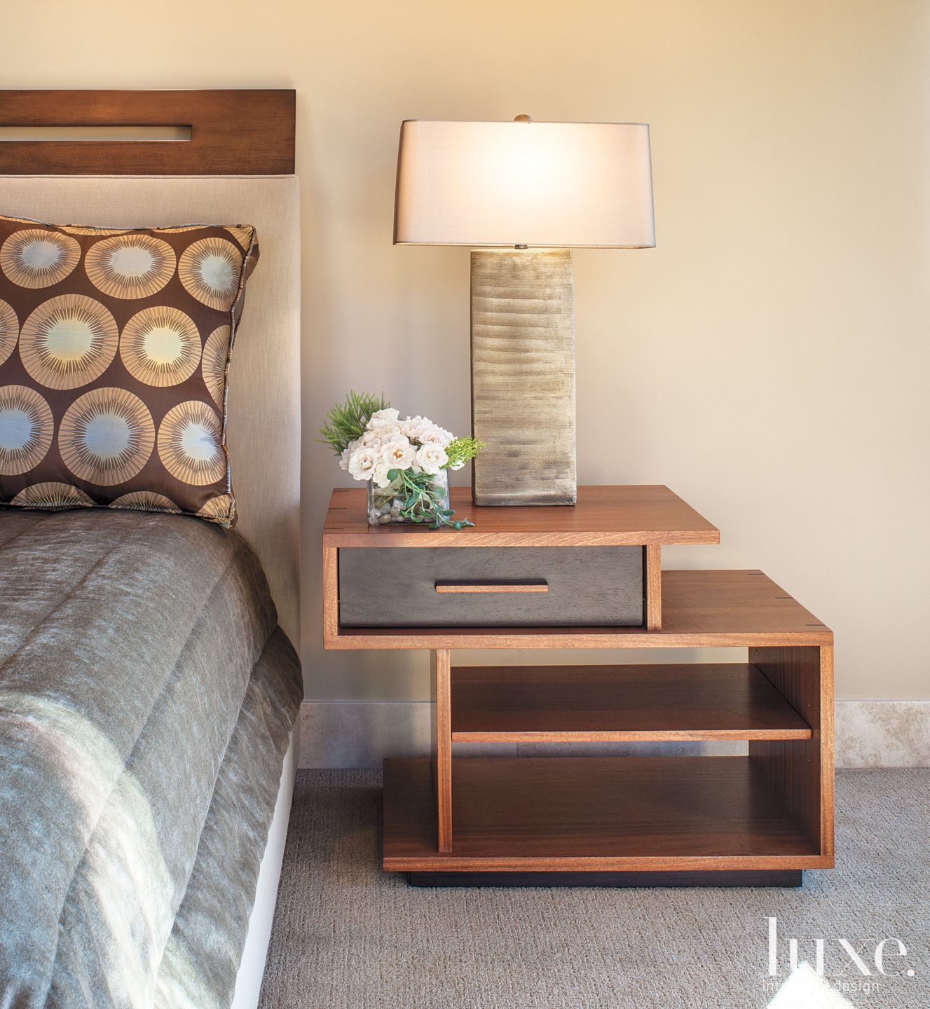 Contemporary Cream Bedroom with Geometric Nightstand Luxe Interiors