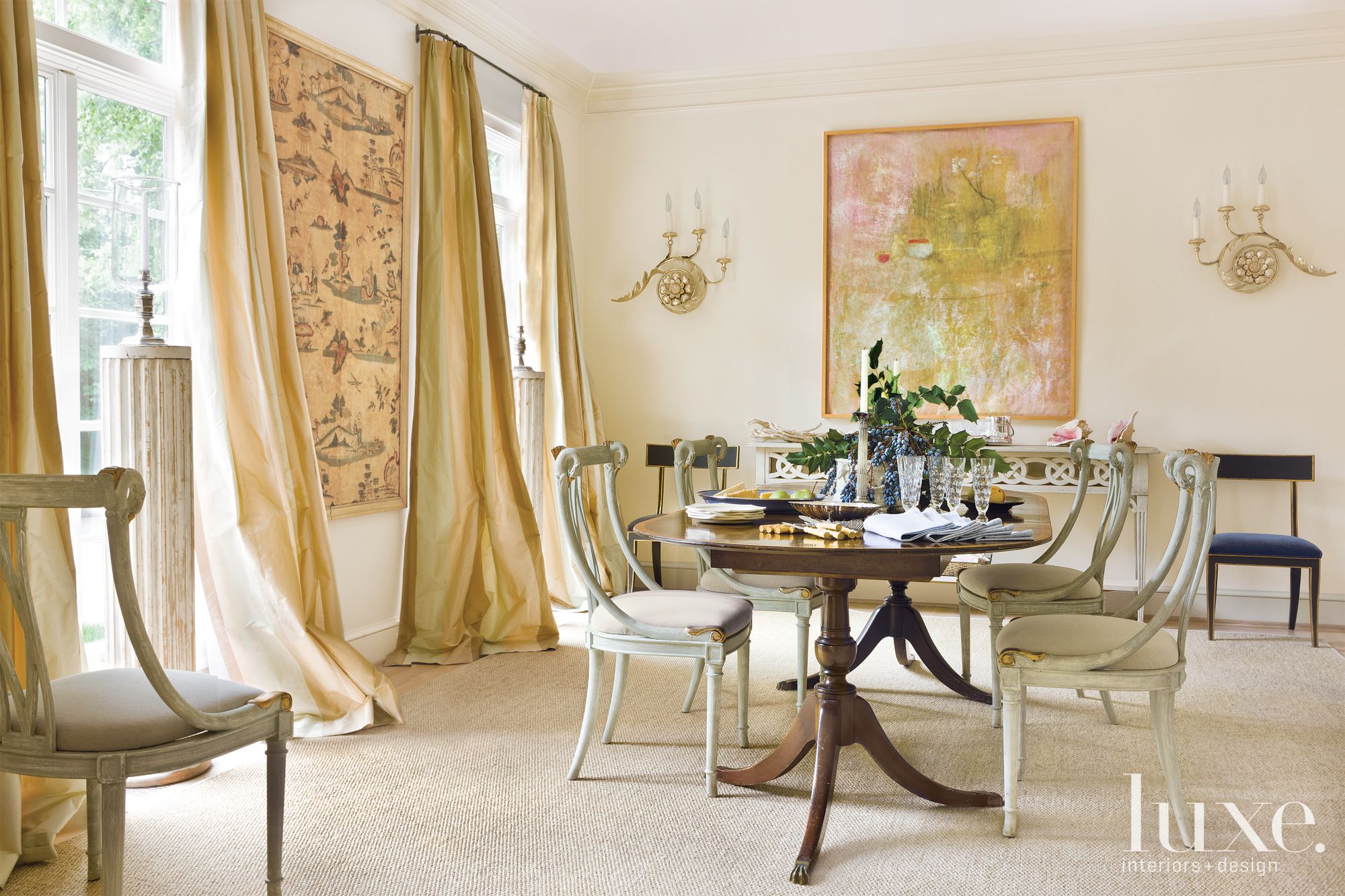 Eclectic Neutral Dining Room - Luxe Interiors + Design