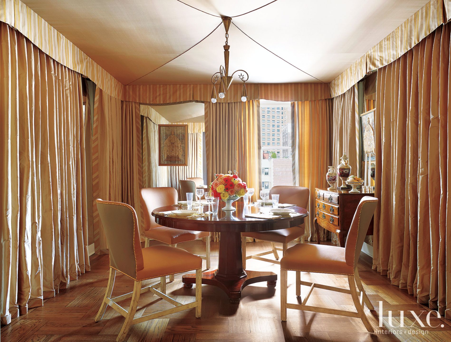 Yellow and Gold Tented Traditional Dining Room Luxe Interiors + Design