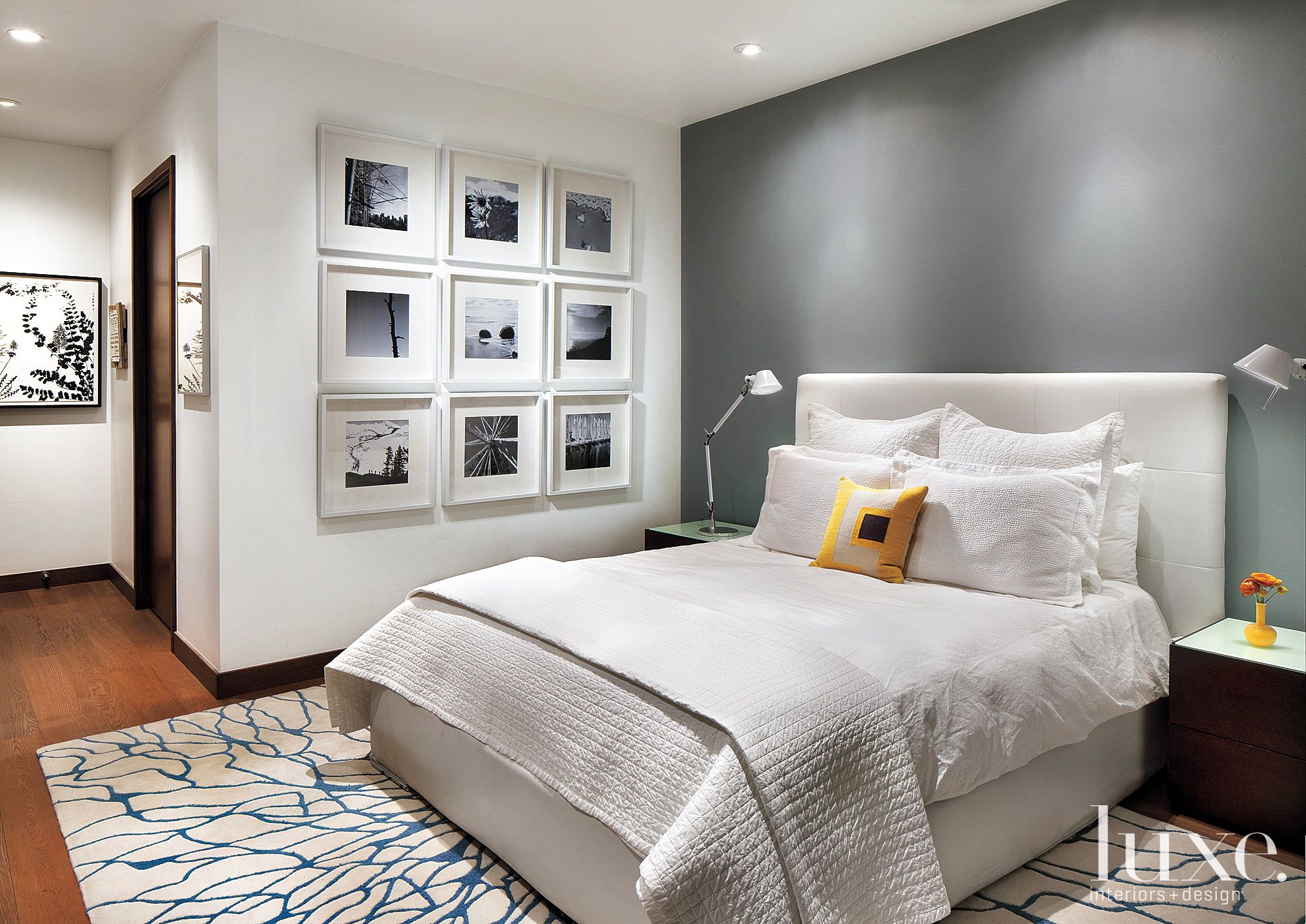 White Master Bedroom With Gray Accent Wall - Luxe Interiors + Design