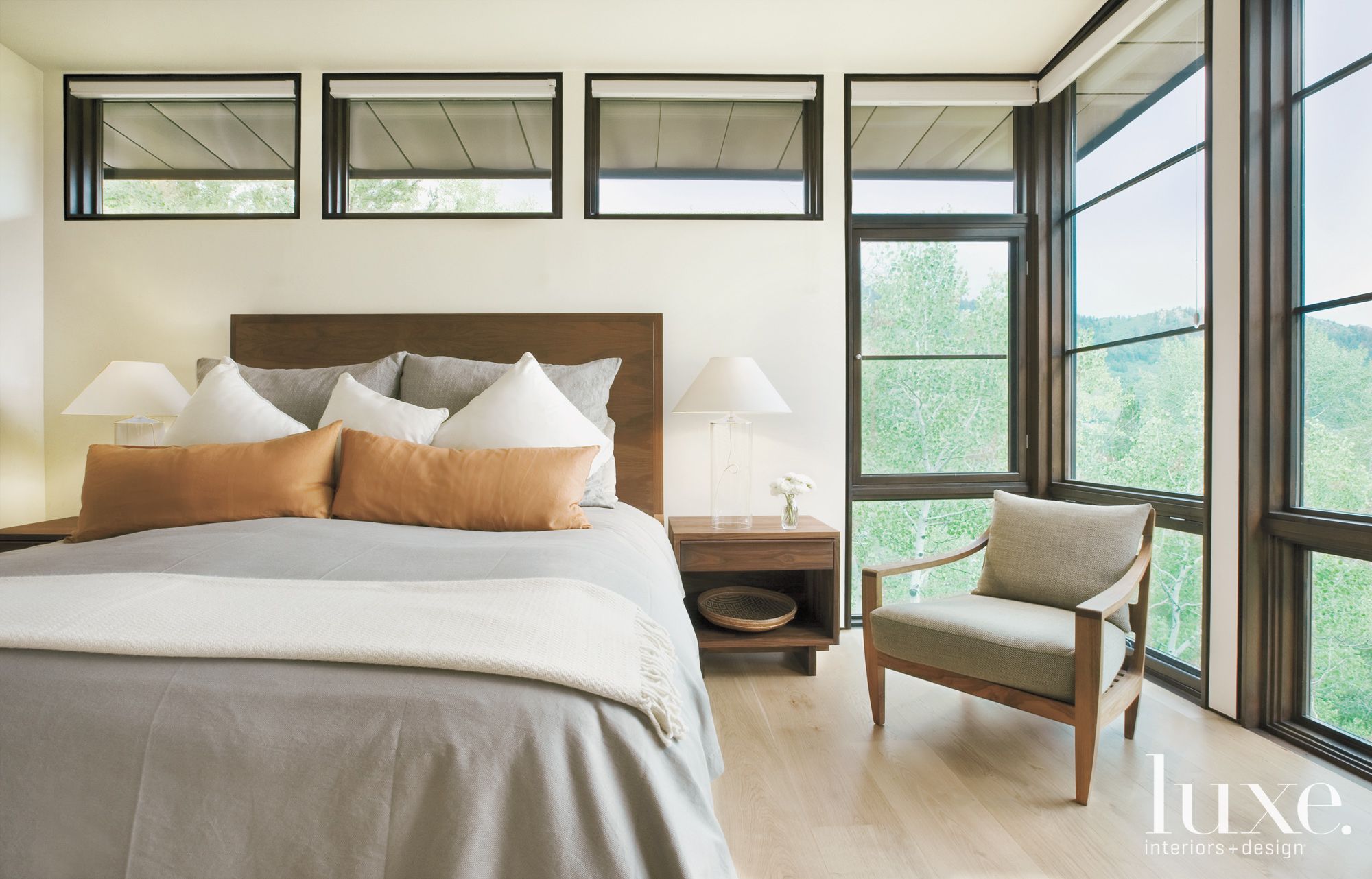 Modern White Master Bedroom with Picture Windows - Luxe Interiors + Design