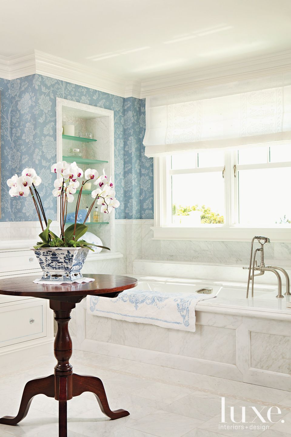 Blue master bathroom Luxe Interiors + Design