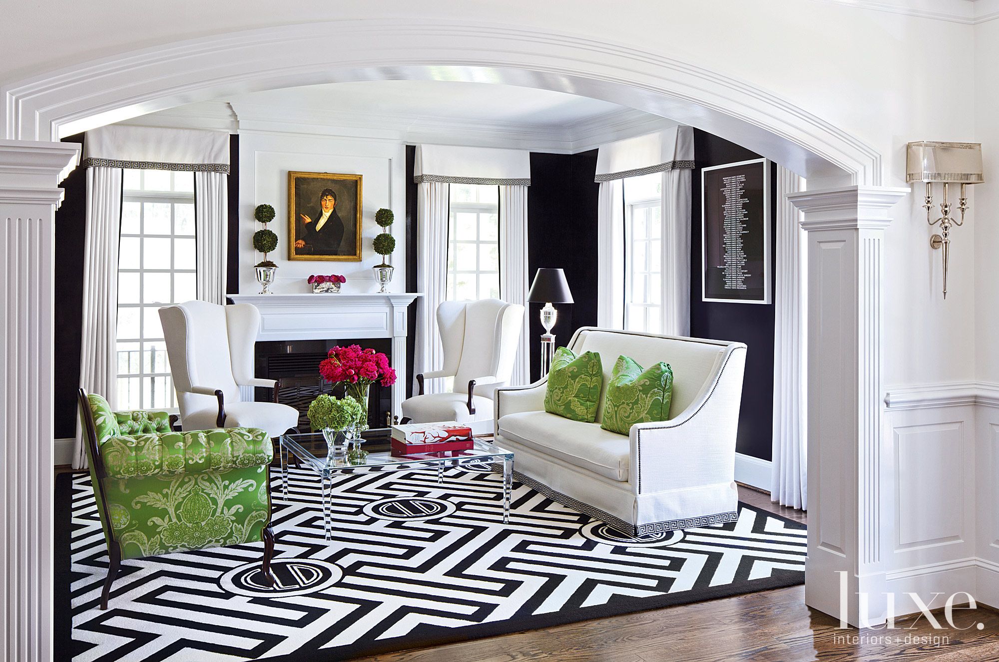Transitional Black and White Living Room with Green Accents Luxe