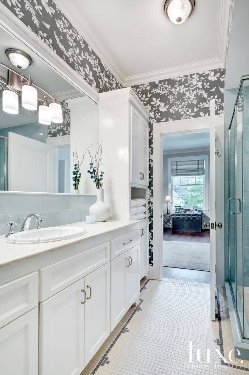 Contemporary White and Gray Guest Bathroom - Luxe Interiors + Design