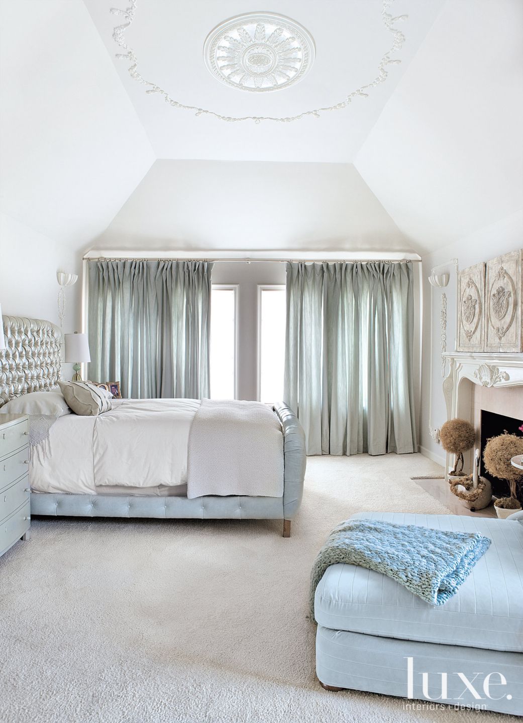 White Transitional Bedroom with Pale Blue Accents Luxe Interiors + Design