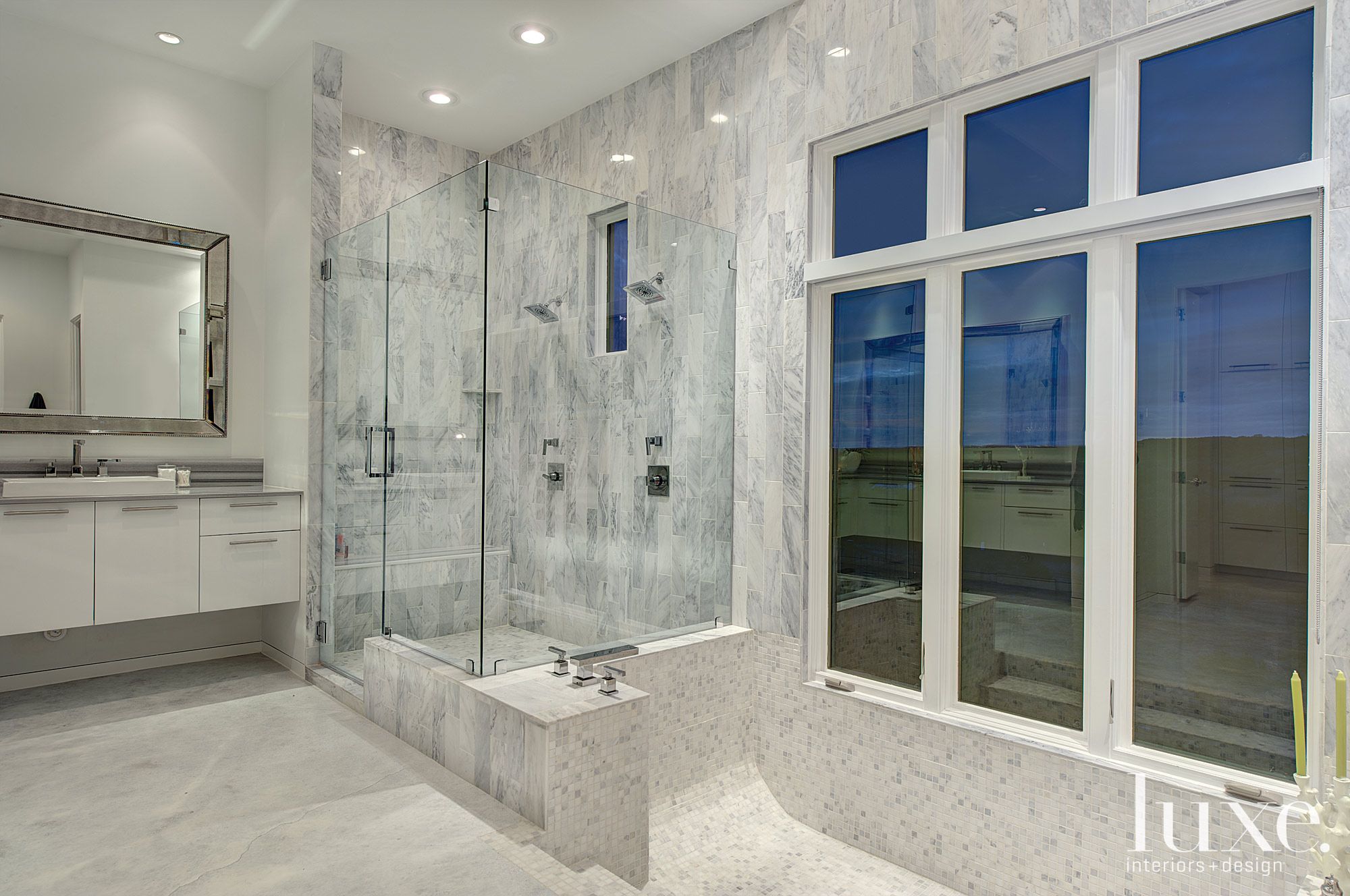 White Marble Master Bathroom - Luxe Interiors + Design
