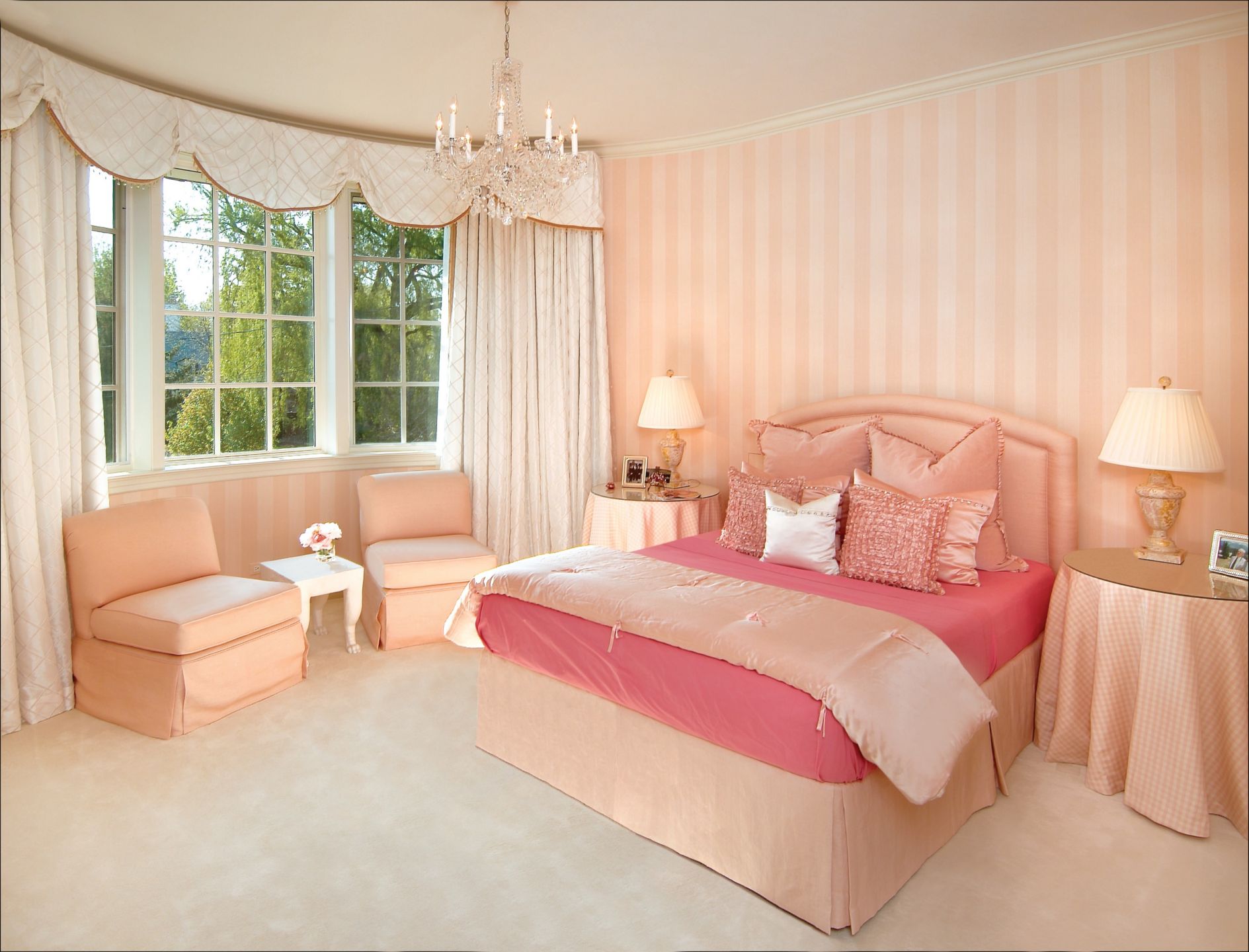 Traditional Pink Bedroom with Striped Walls Luxe Interiors + Design