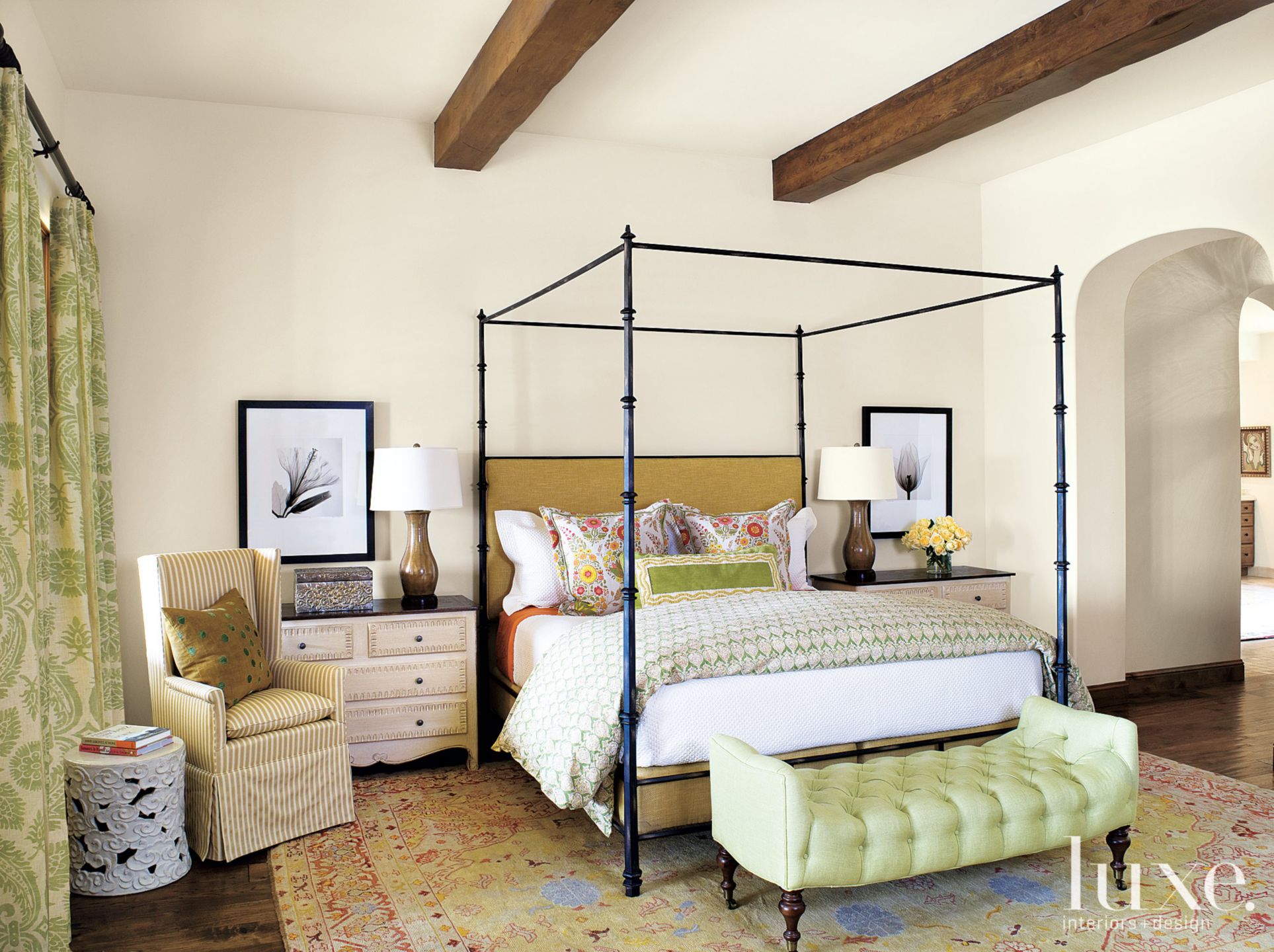 Eclectic White Bedroom with Tufted Green Bench Luxe Interiors + Design