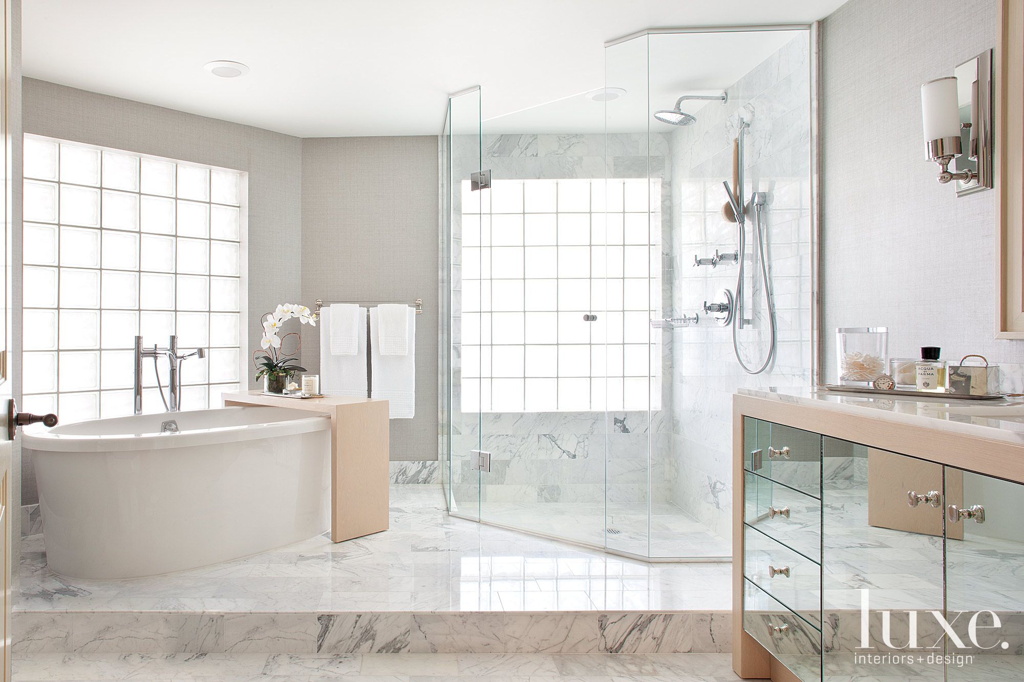 Contemporary White Marble Master Bathroom - Luxe Interiors + Design