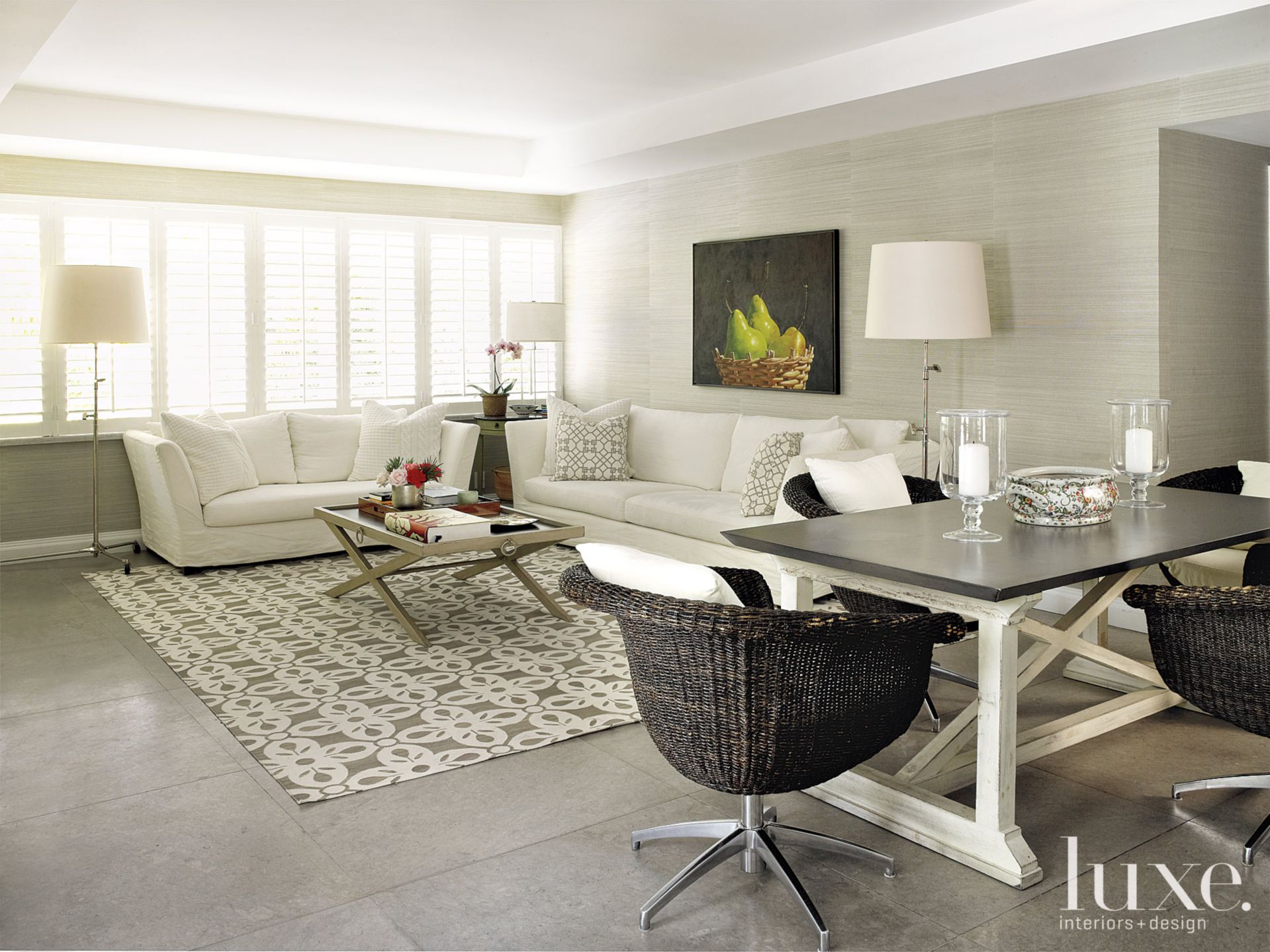 Contemporary Family Room with Wicker Chairs Luxe Interiors + Design