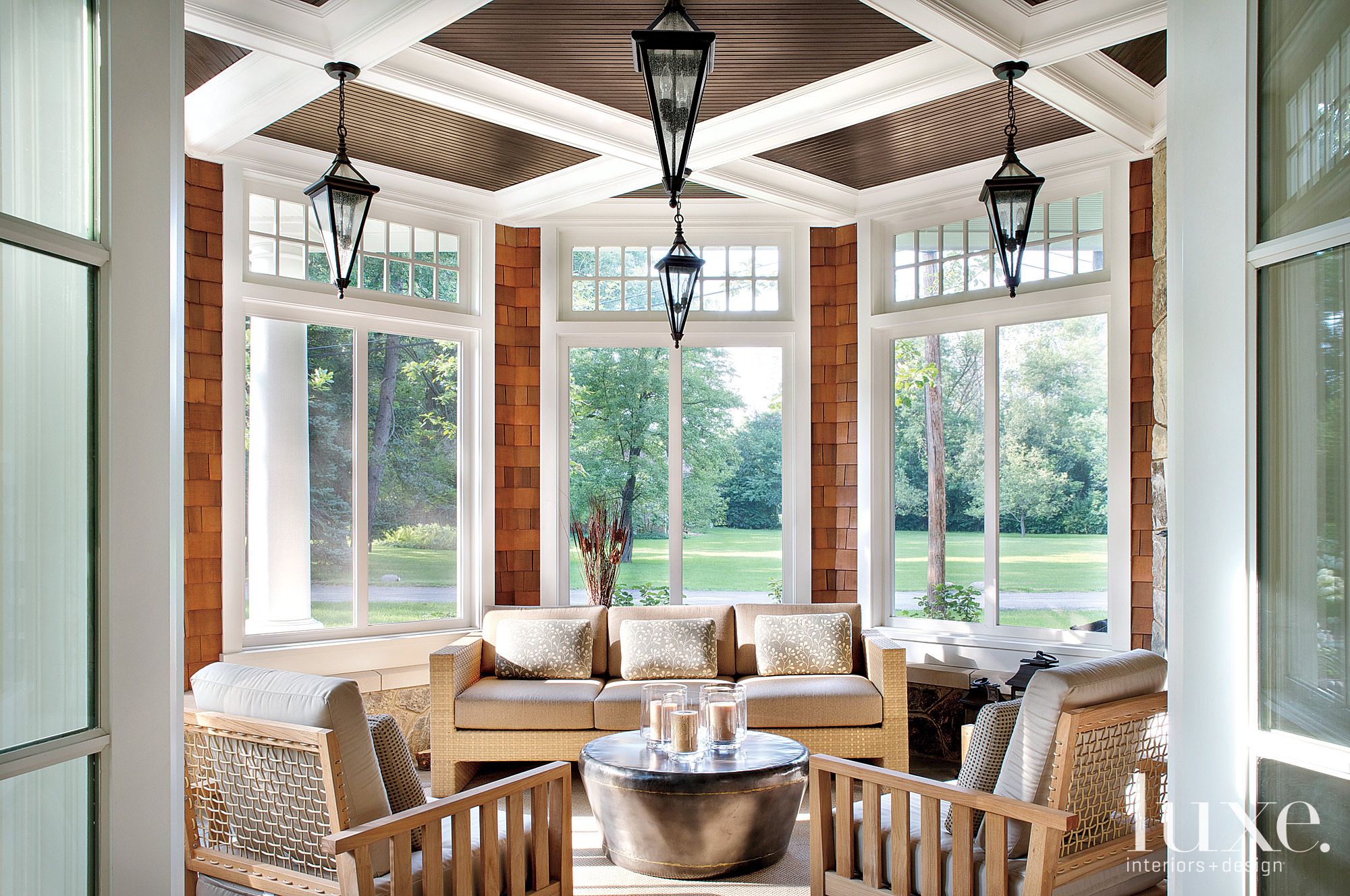 Screened Porch with Coffered Ceiling - Luxe Interiors + Design