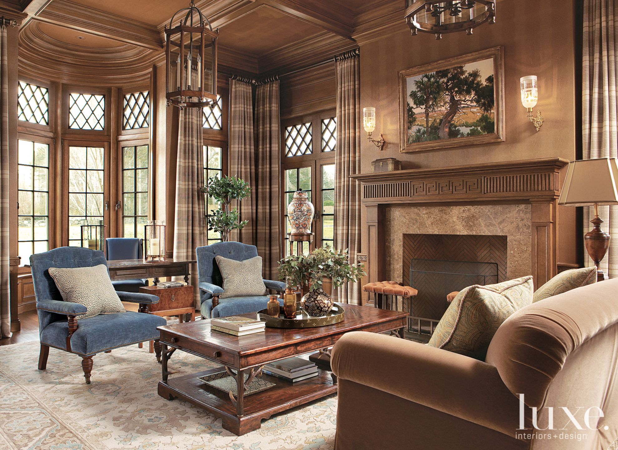 Oak Paneled Library - Luxe Interiors + Design