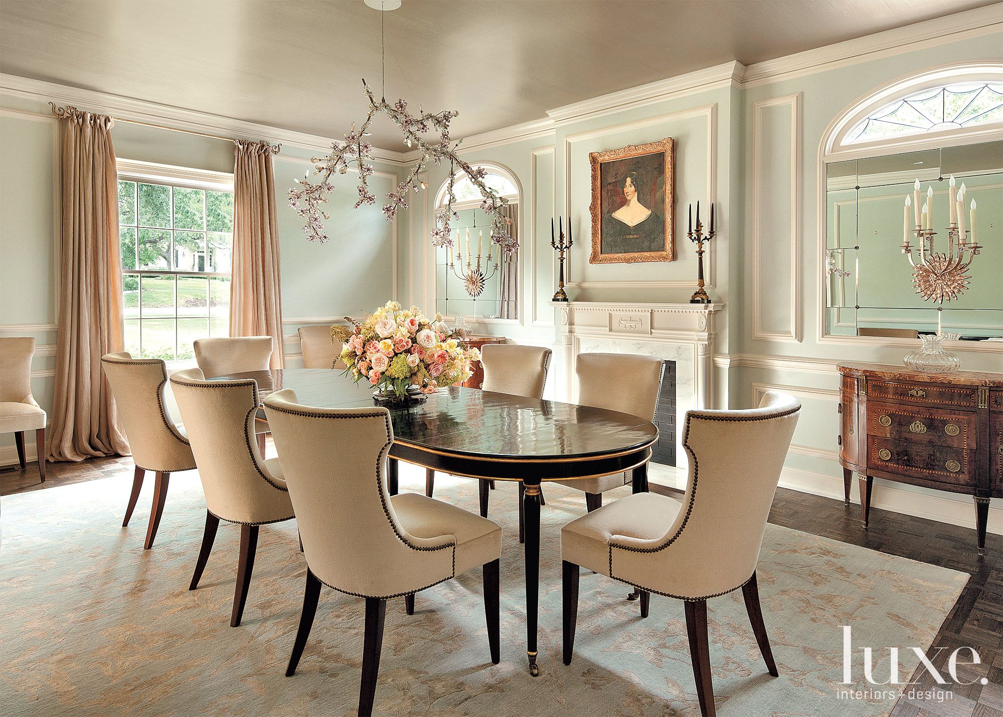 Restored Mint Green Modern Dining Room - Luxe Interiors + Design