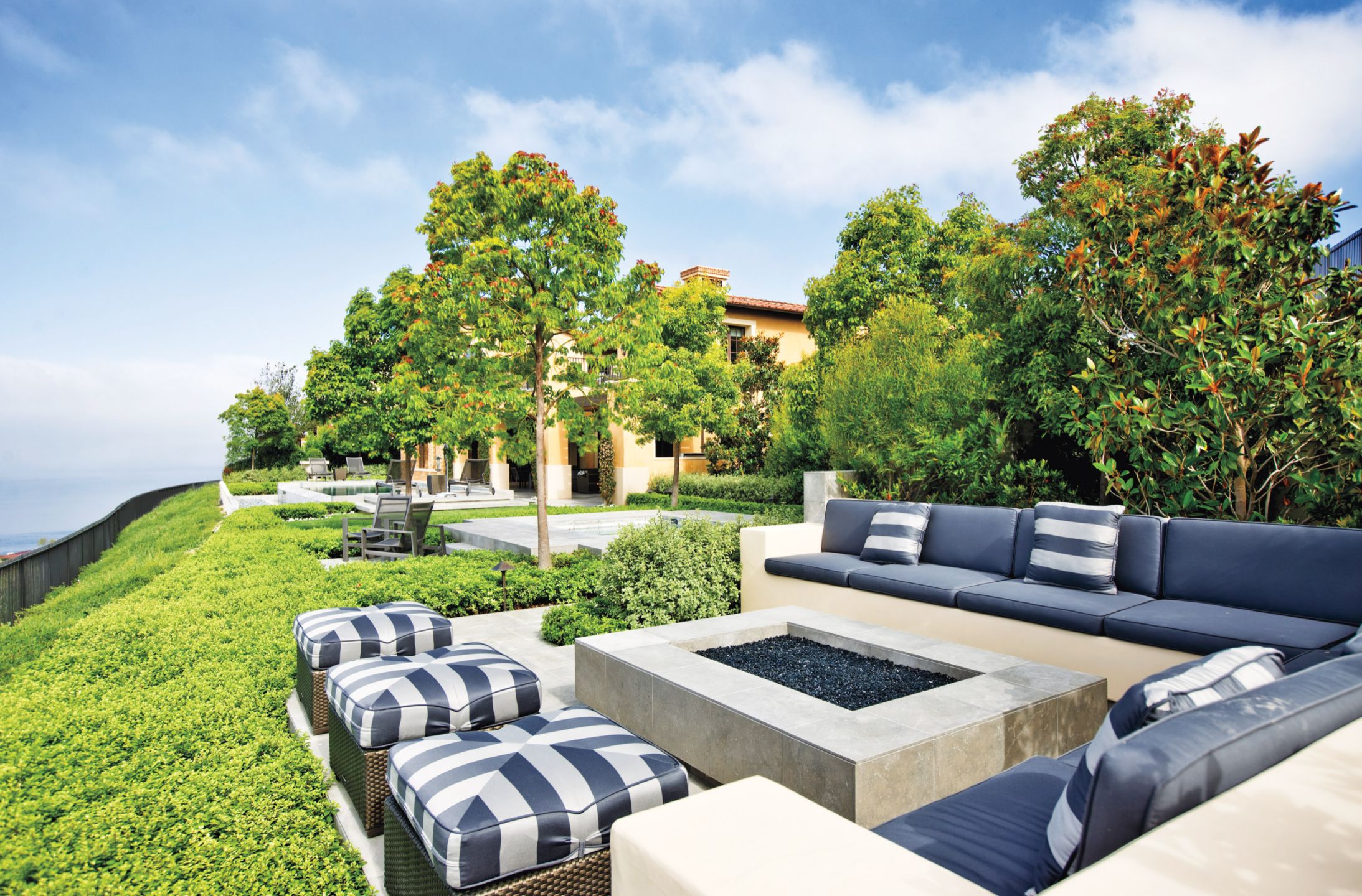 Contemporary Blue and Gray Patio Luxe Interiors + Design