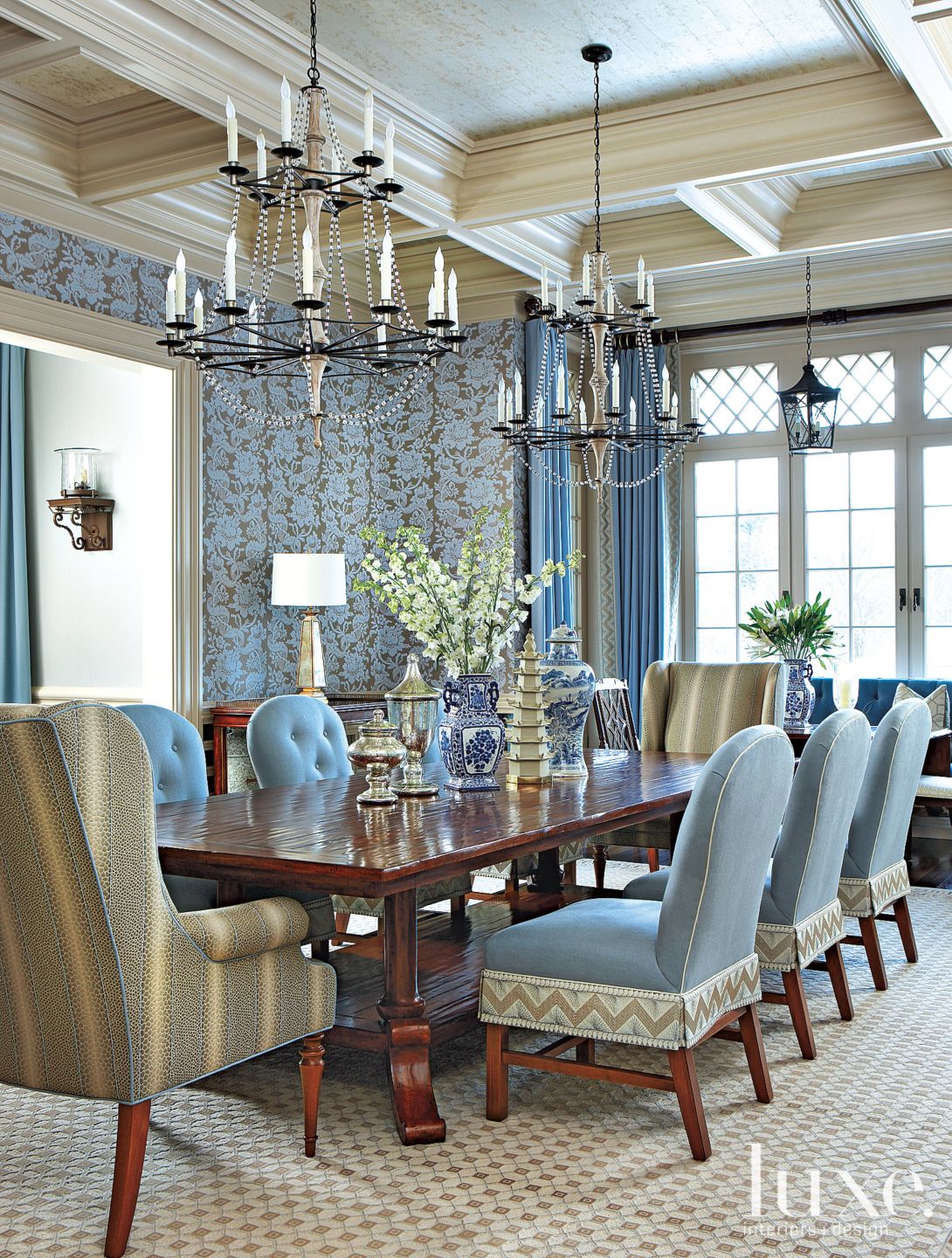 Formal Blue Dining Room - Luxe Interiors + Design