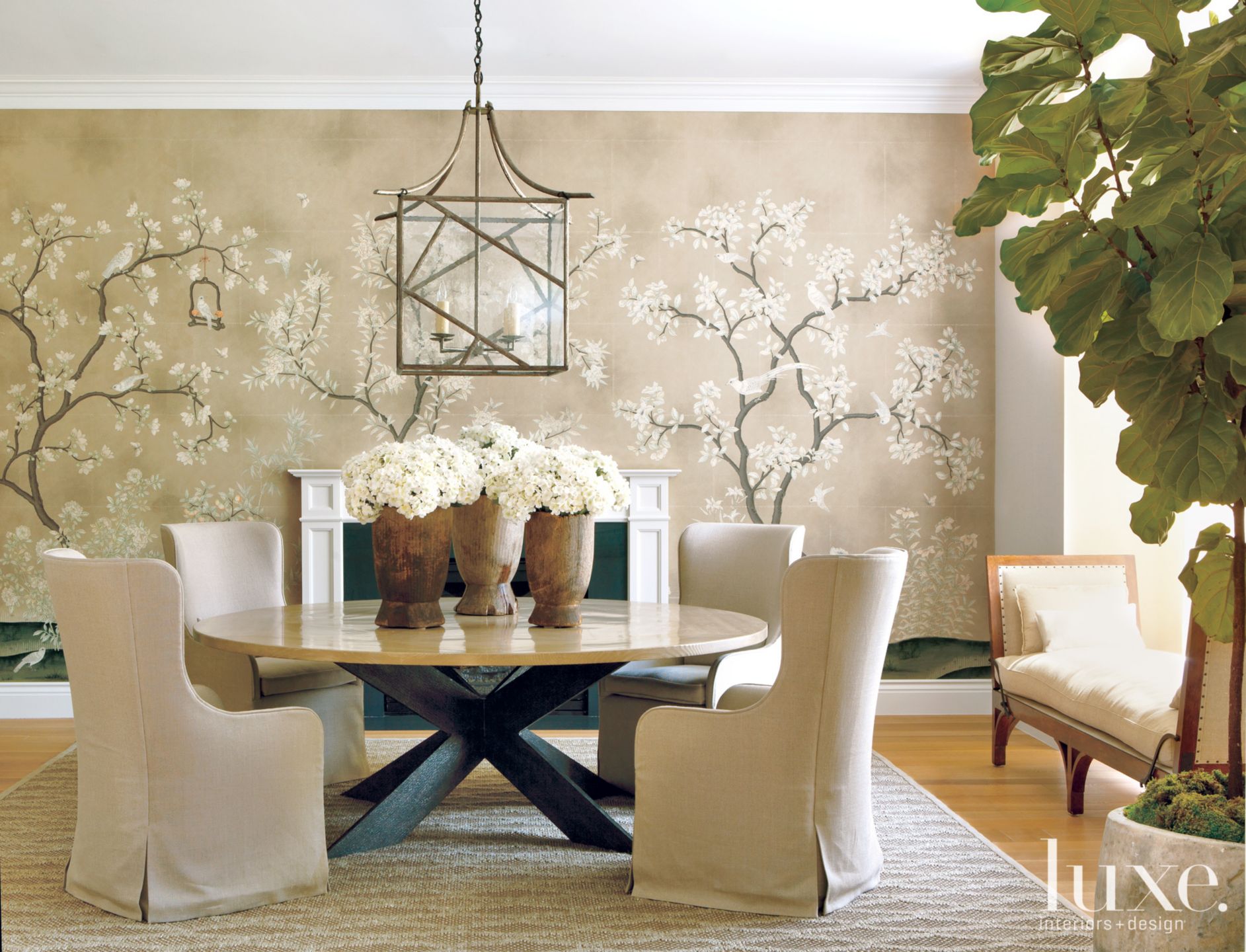 Transitional Neutral Dining Room with Motif Accent Wall Luxe