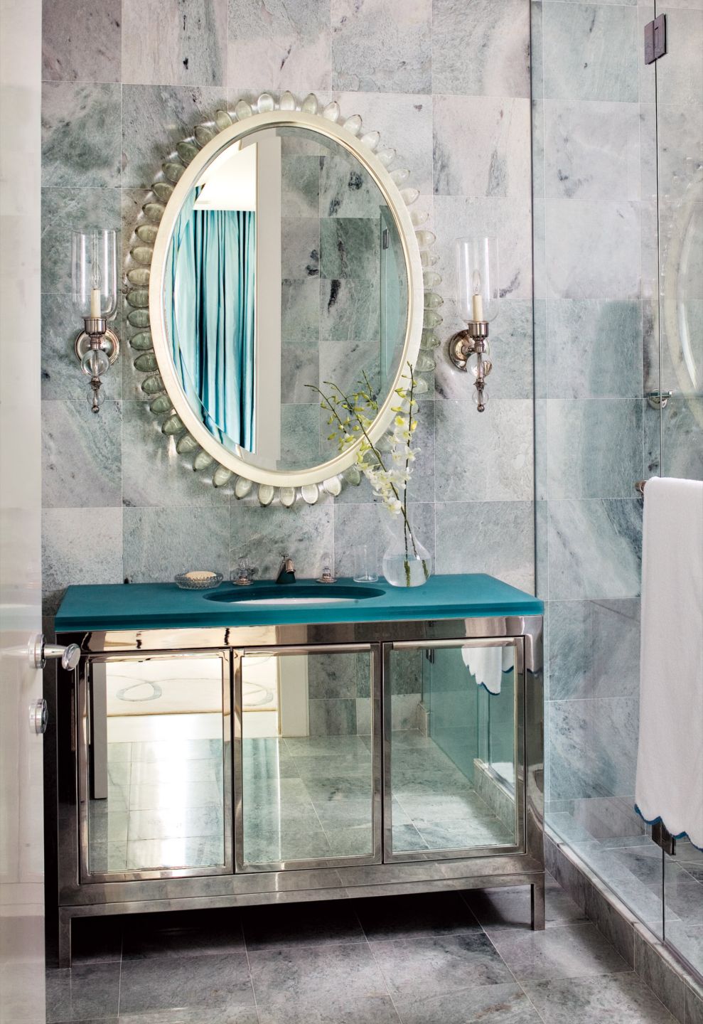 Green Marble Vanity Area Luxe Interiors + Design