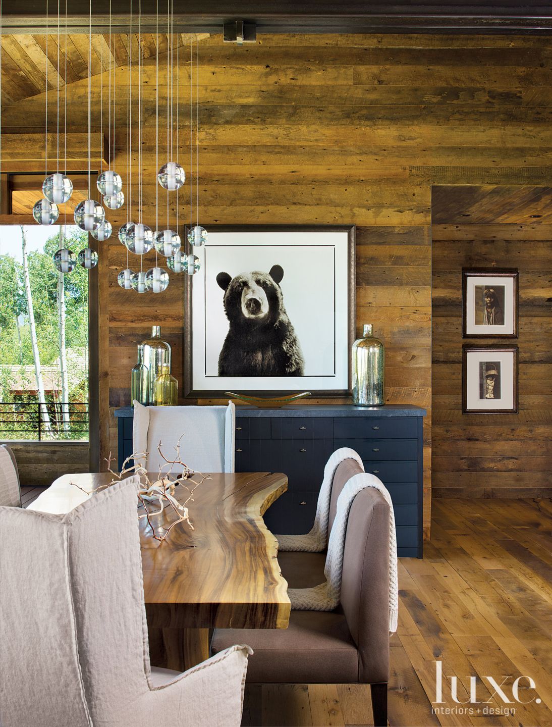 Neutral Mountain Dining Room with Bear Picture Luxe Interiors + Design