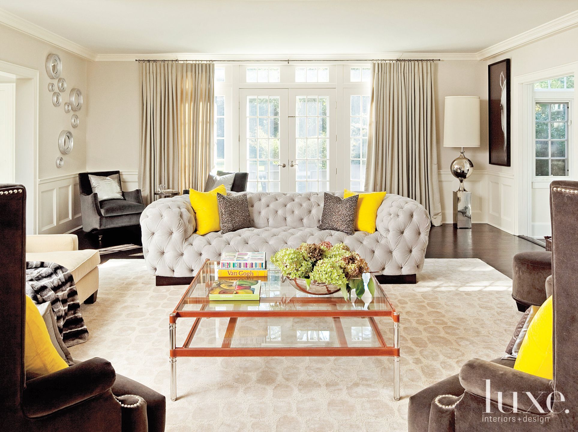 Transitional Neutral Living Room with Yellow Accents - Luxe Interiors ...