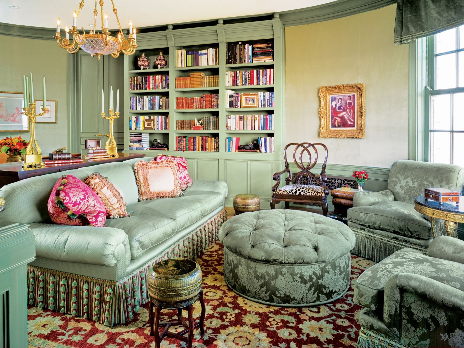 Traditional Green Library - Luxe Interiors + Design