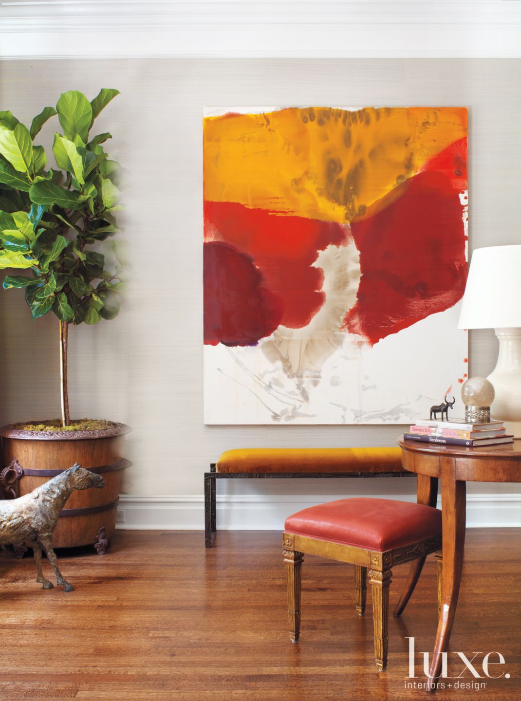 Living room mustard yellow and red decor - Luxe Interiors + Design