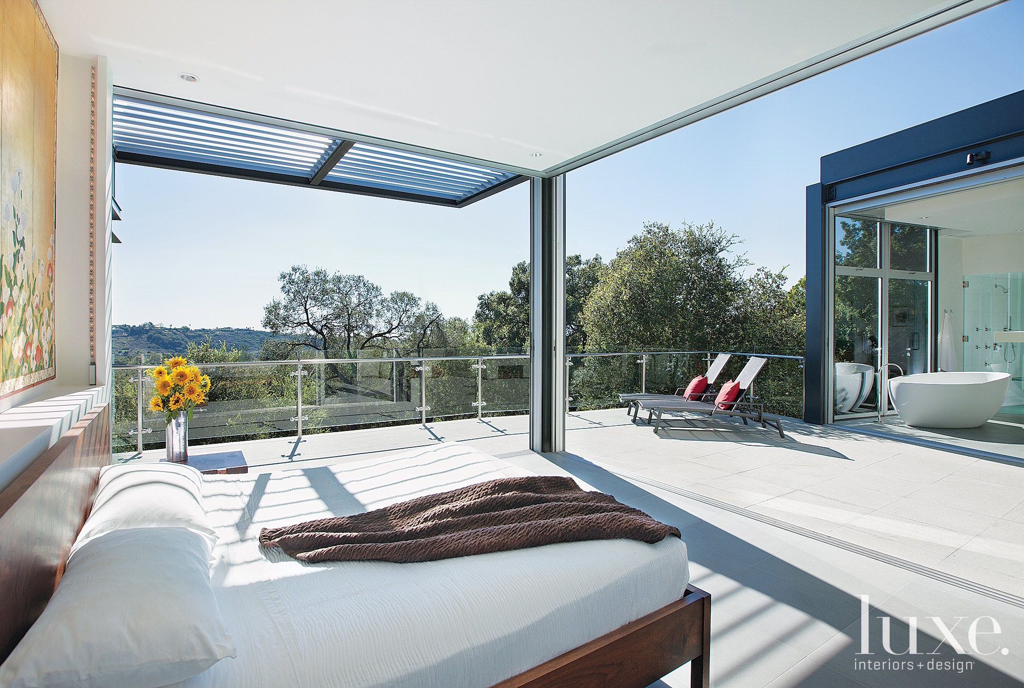 Modern Master Bedroom Glass Walls Luxe Interiors + Design