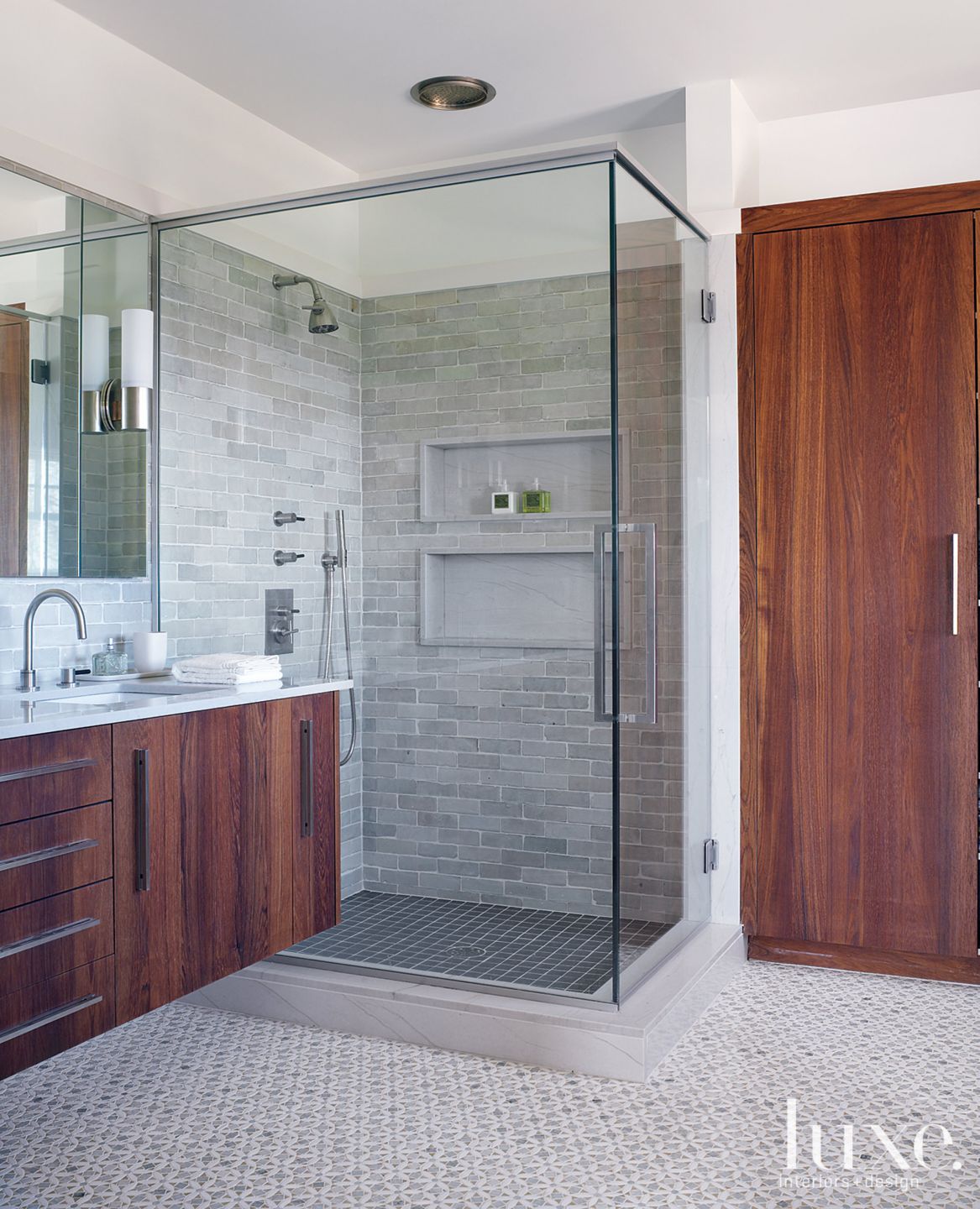 Contemporary White Master Bathroom with Mosaic Tiles Luxe Interiors