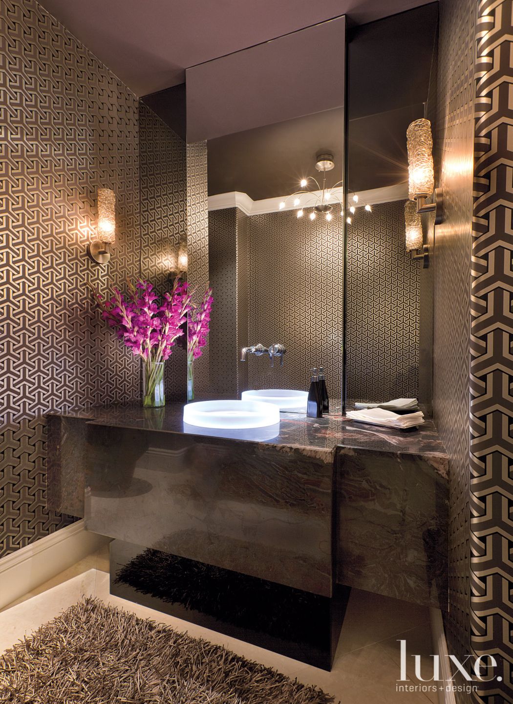 Contemporary Brown Powder Room with Smoke-Colored Glass - Luxe ...