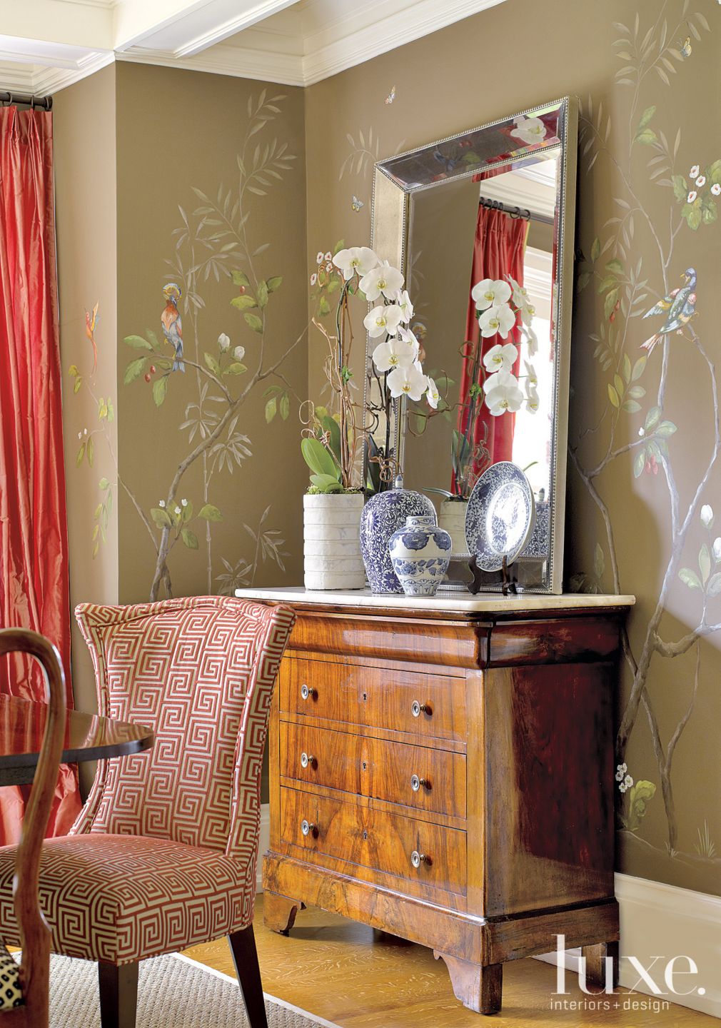 Transitional Dining Room Mural Luxe Interiors + Design