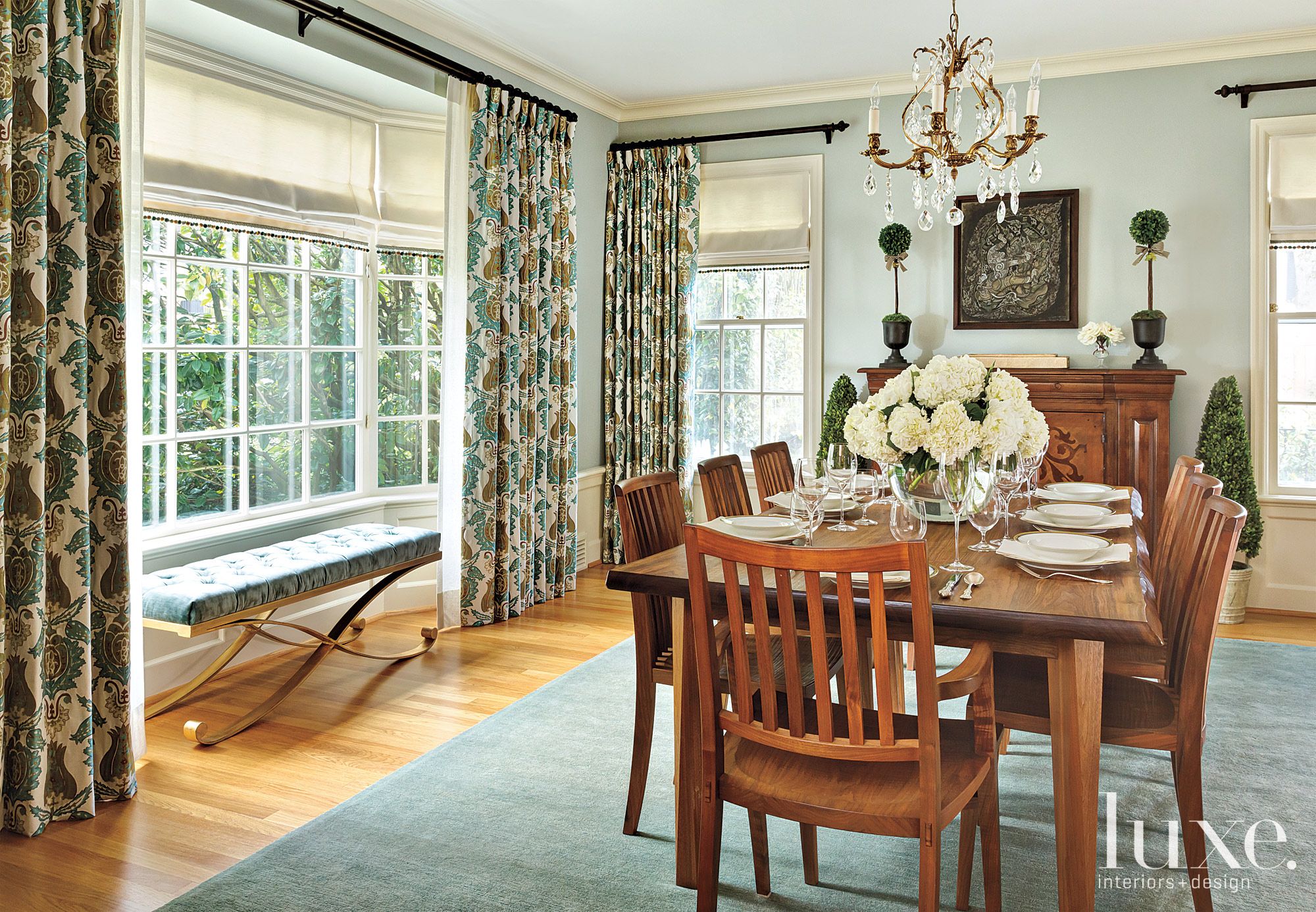 Transitional Blue Dining Room with Damask Draperies - Luxe Interiors ...