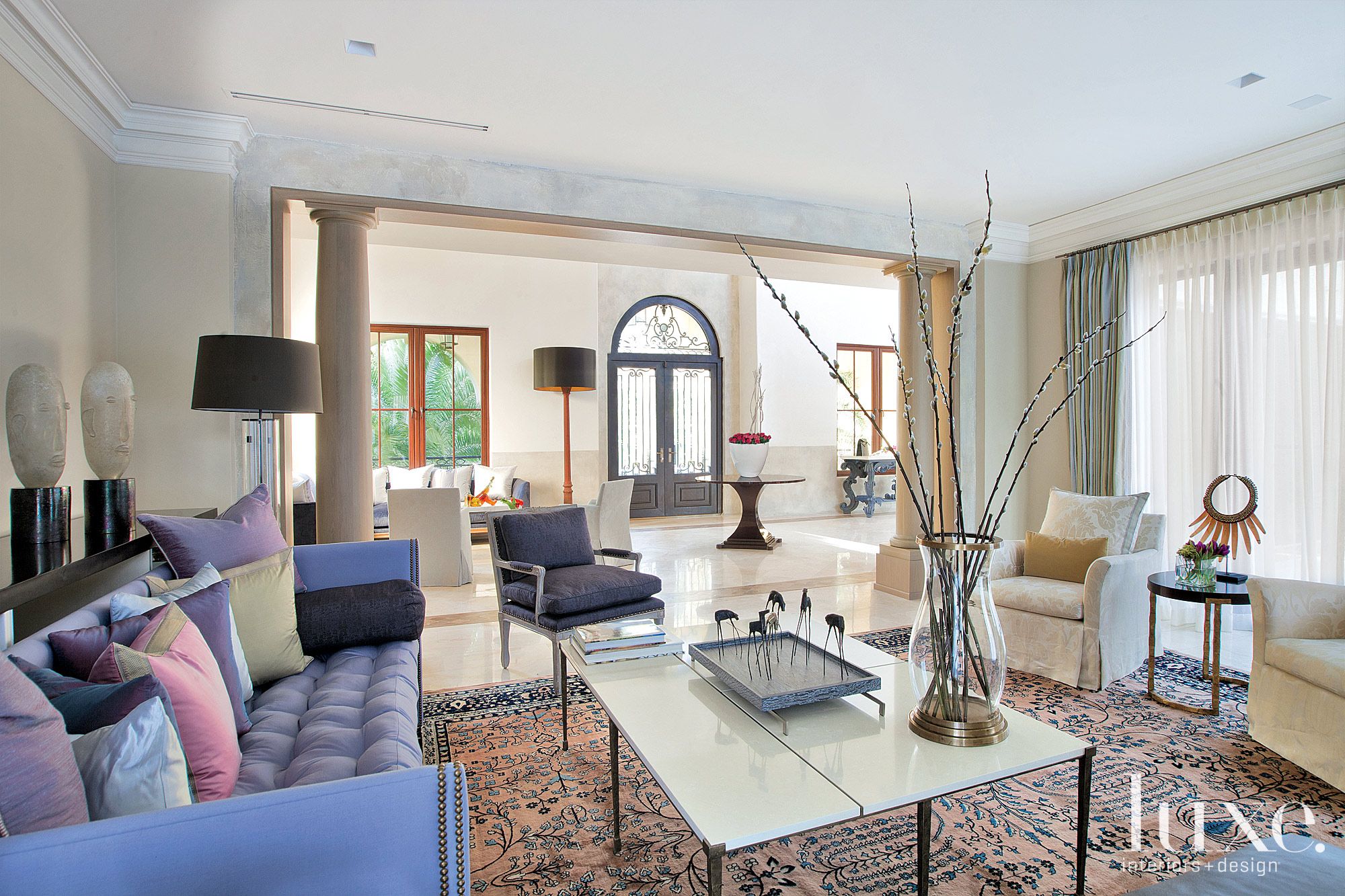 Transitional Cream Living Room with Antique Carpet Luxe Interiors