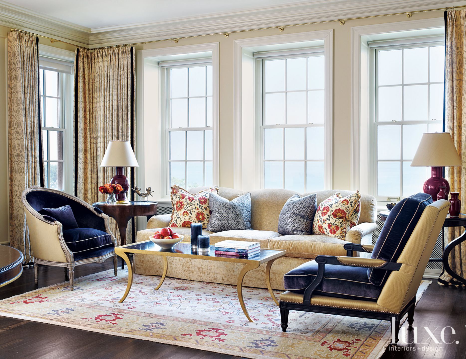 Contemporary Gold Living Room with Velvet Chairs Luxe Interiors + Design