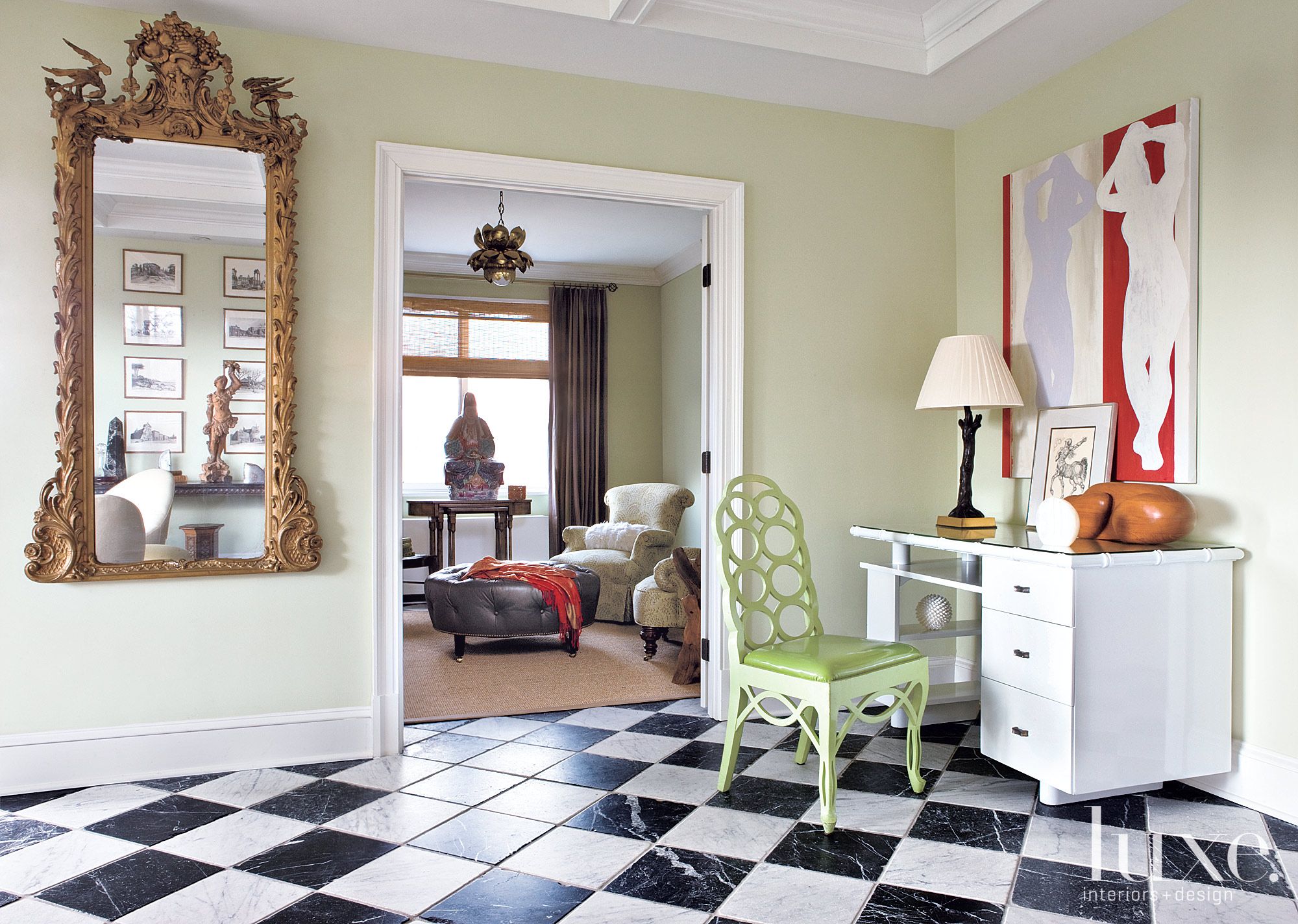 Eclectic Green Living Room with White Desk - Luxe Interiors + Design