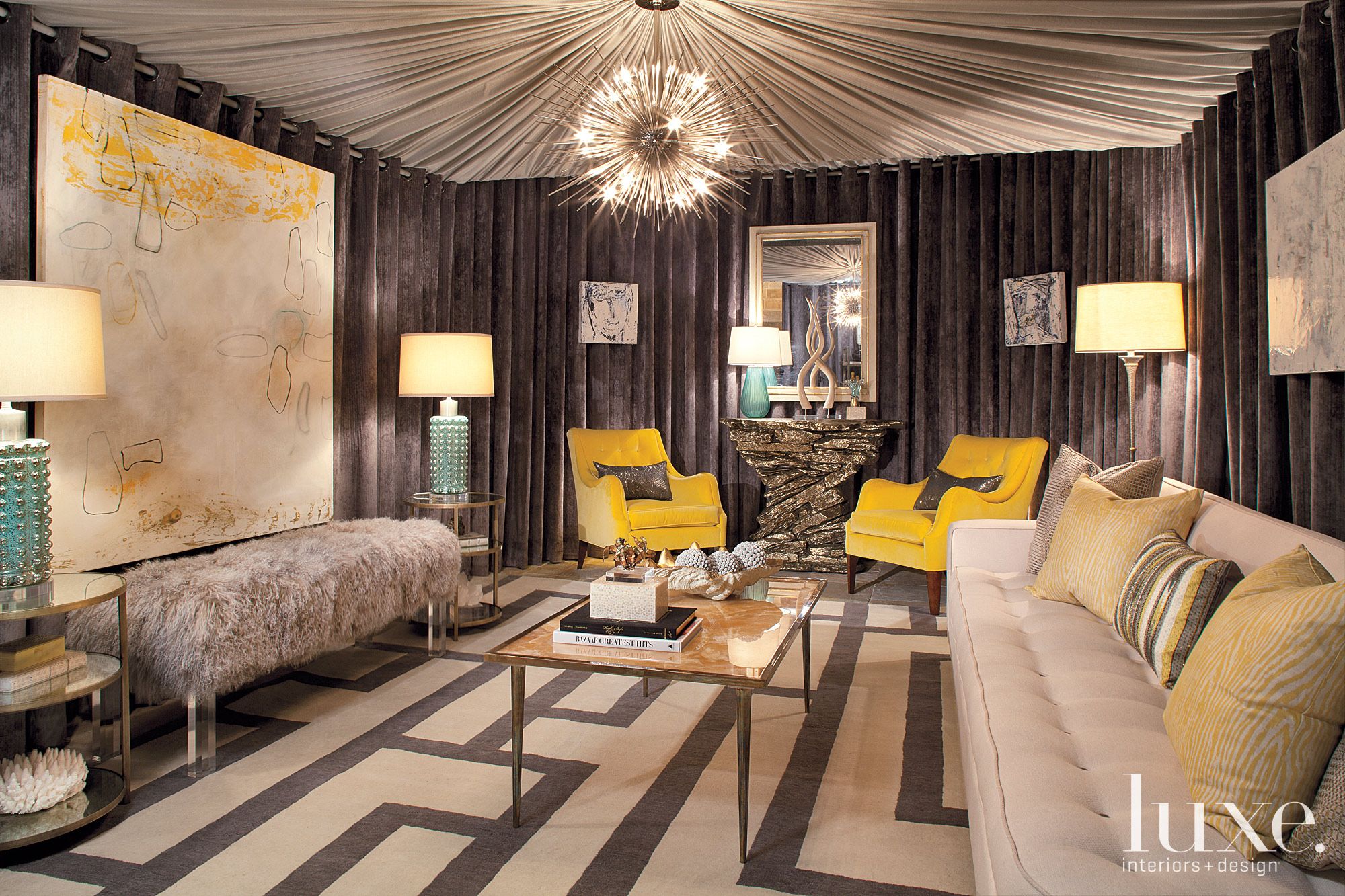 Modern Brown Lounge with Yellow Accents Luxe Interiors + Design