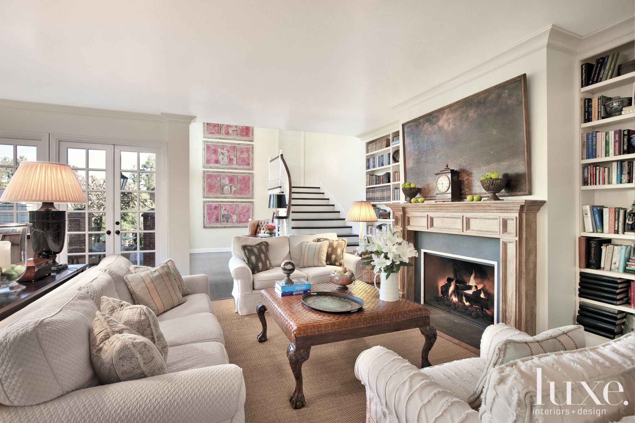 Traditional White Family Room with Woven Leather Table - Luxe Interiors ...