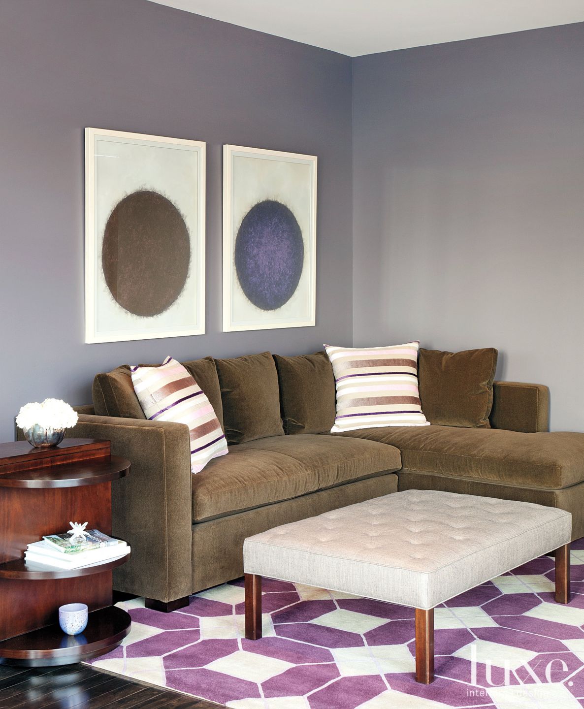 Transitional Gray Media Room with Velvet Sectional Luxe Interiors