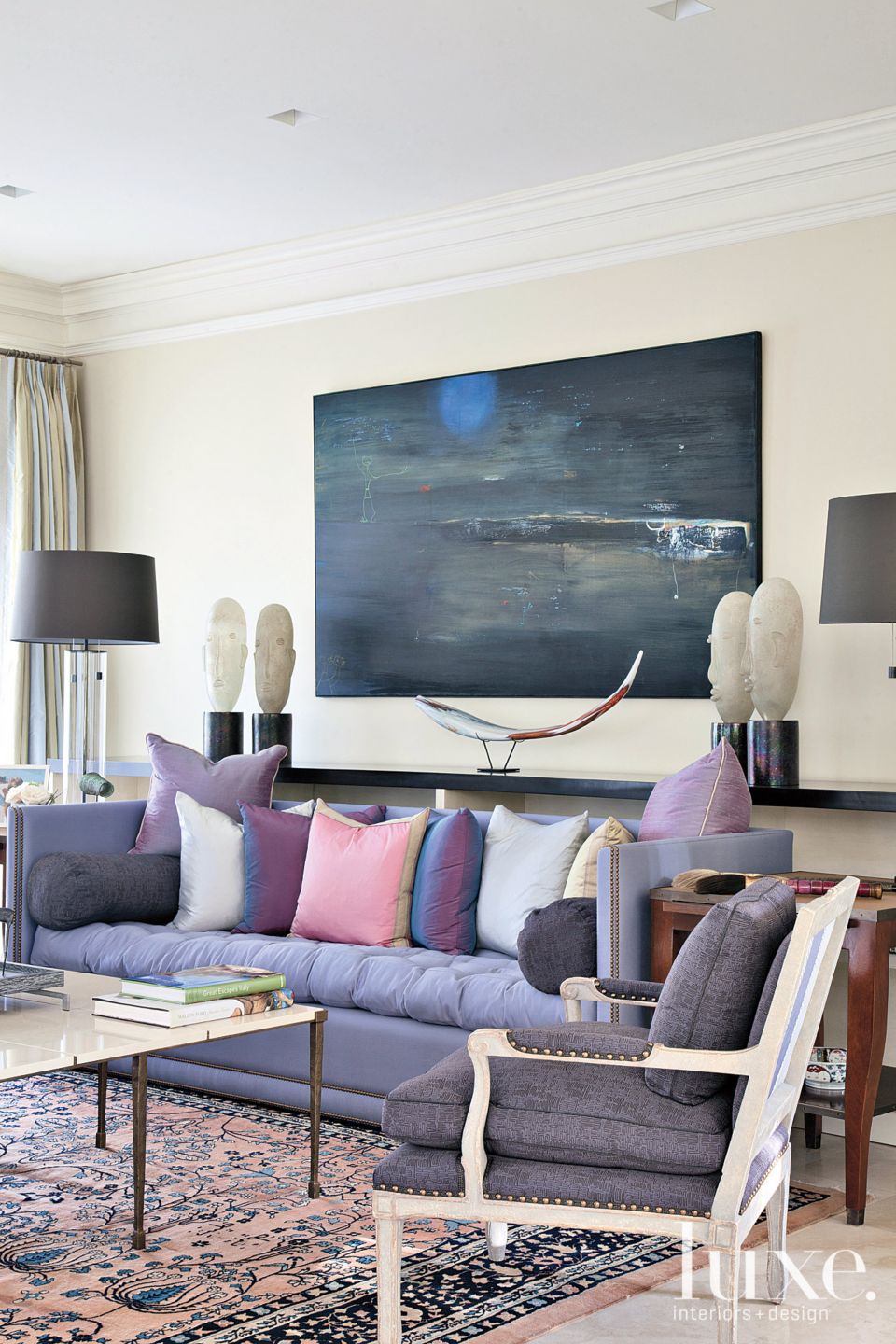 Transitional Cream Living Room with Purple Sofa - Luxe Interiors + Design
