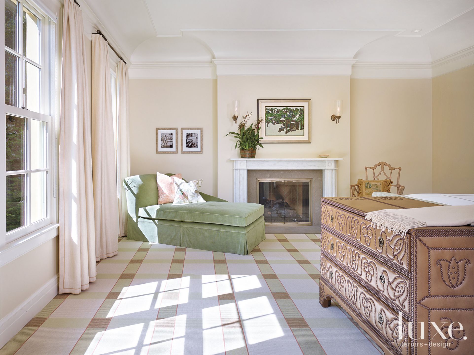 Traditional Neutral Bedroom with Plaid Carpet Luxe Interiors + Design