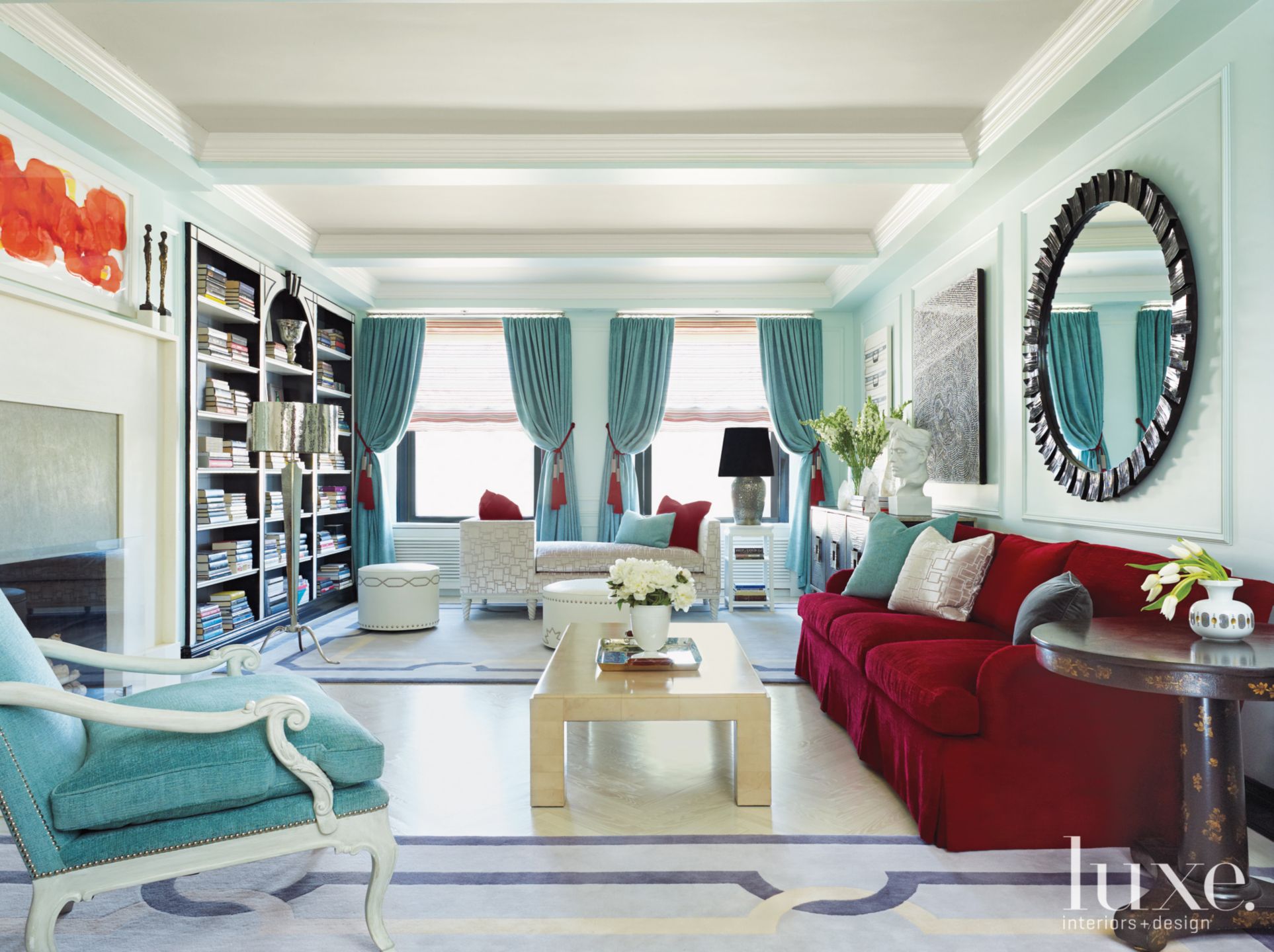Turquoise Modern Living Room with Red Accents - Luxe Interiors + Design