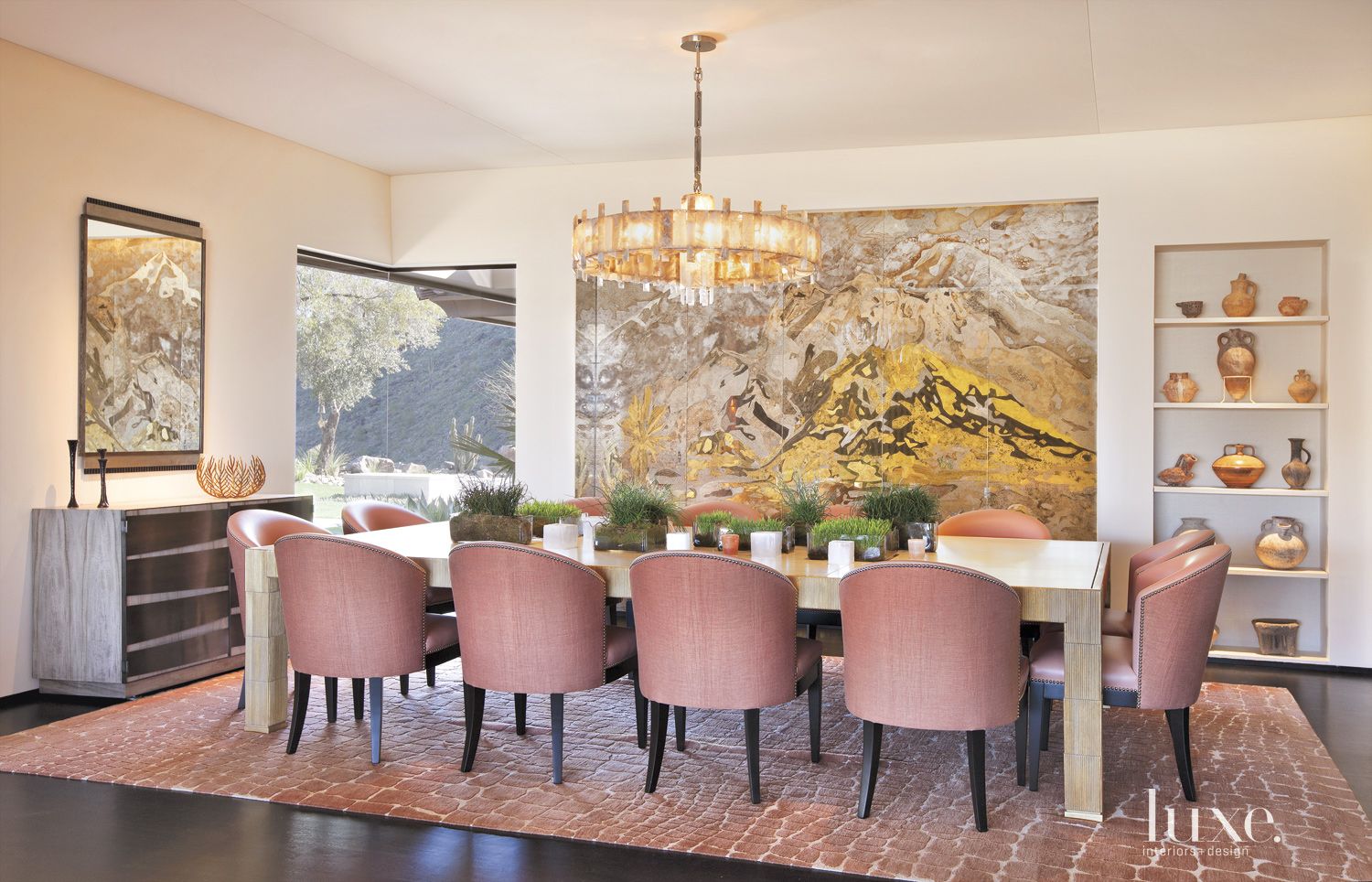 Contemporary Neutral Dining Room with Abstract Screen Art Luxe