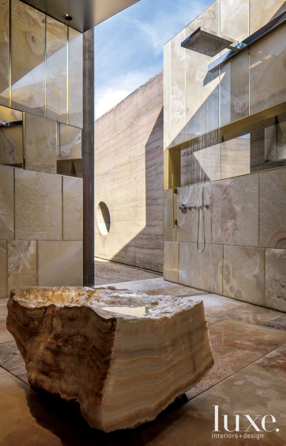 Modern Golden Open Air Shower in Master Bathroom Luxe Interiors + Design