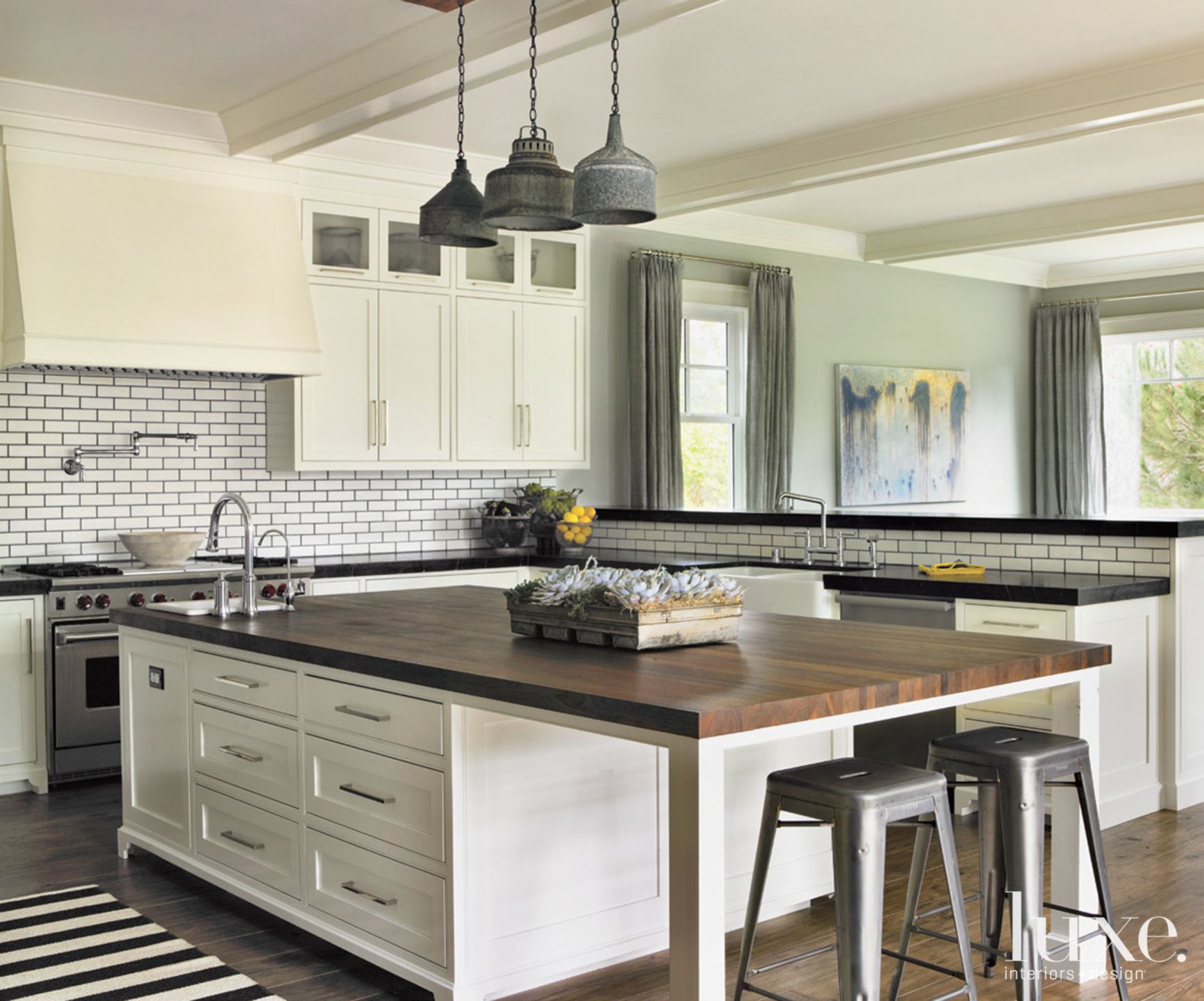 Traditional White Kitchen with Galvanized Pendants Luxe Interiors