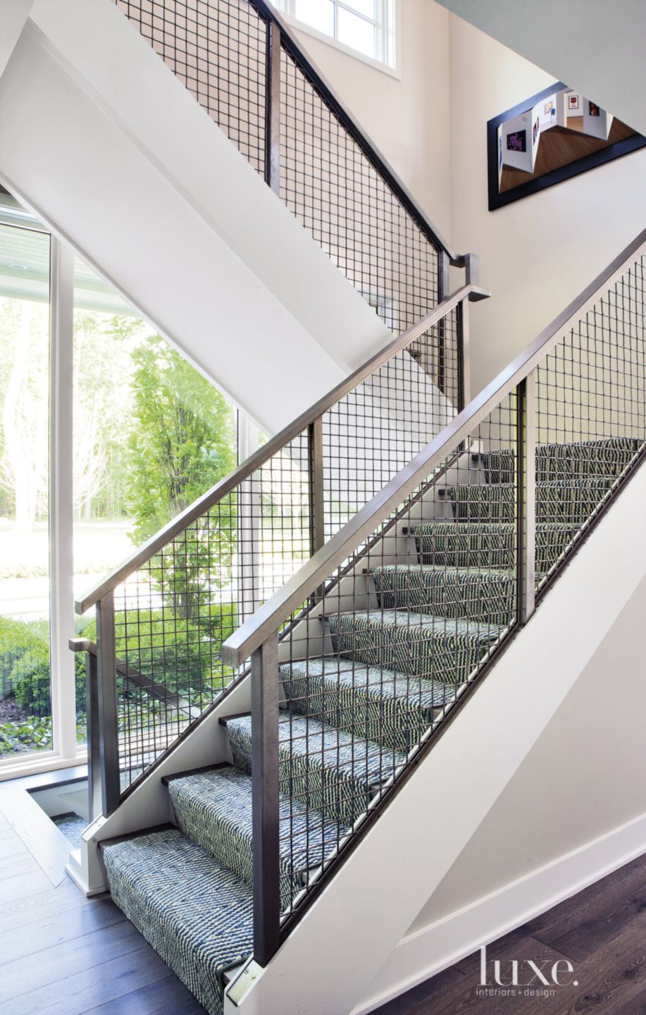 Contemporary White Staircase with Patterned Runner - Luxe Interiors ...
