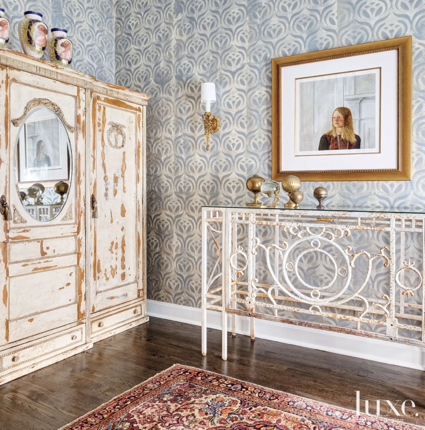 Eclectic Foyer with French Armoire Luxe Interiors + Design