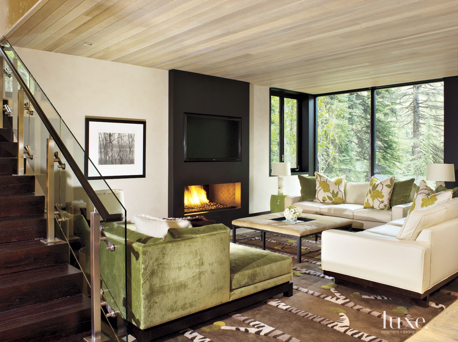 Contemporary Neutral Family Room with Green Sofa - Luxe Interiors + Design
