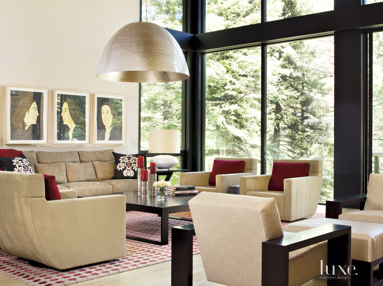 Contemporary Neutral Living Room with Portraits Luxe Interiors + Design